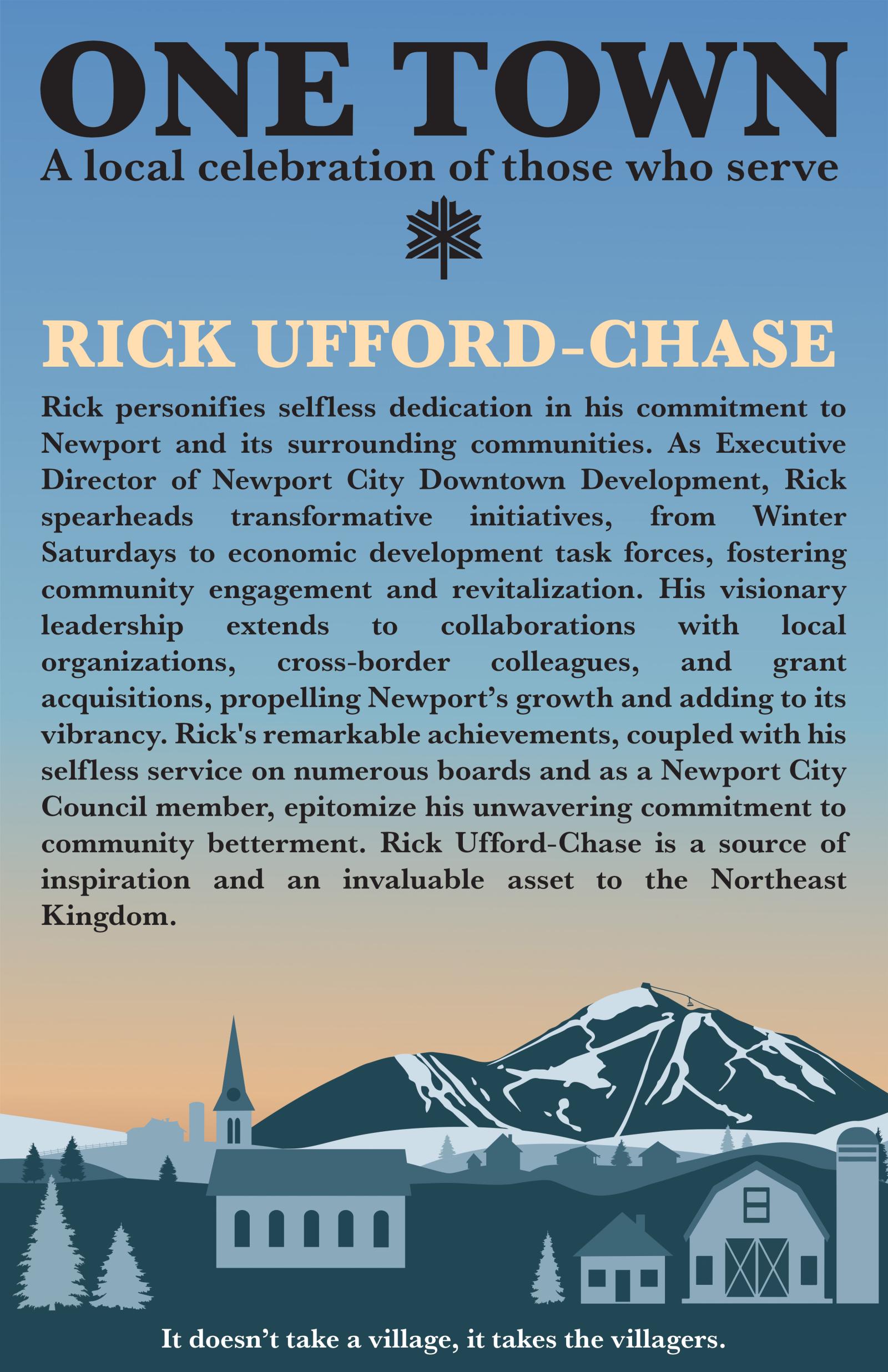 Blue and orange poster with townscape and mountains in silhouette.