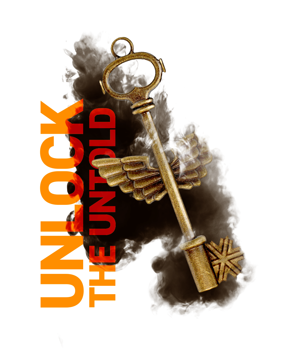 A golden key with wings on a smoky background, text reads "Unlock the Untold."