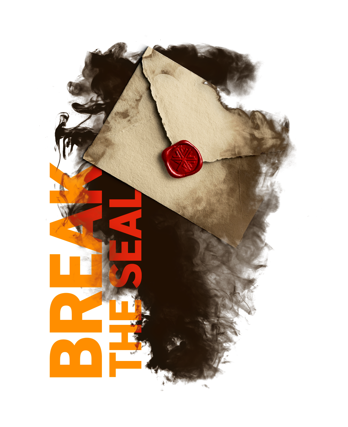 Wax-sealed envelope on textured background with bold red and yellow text.