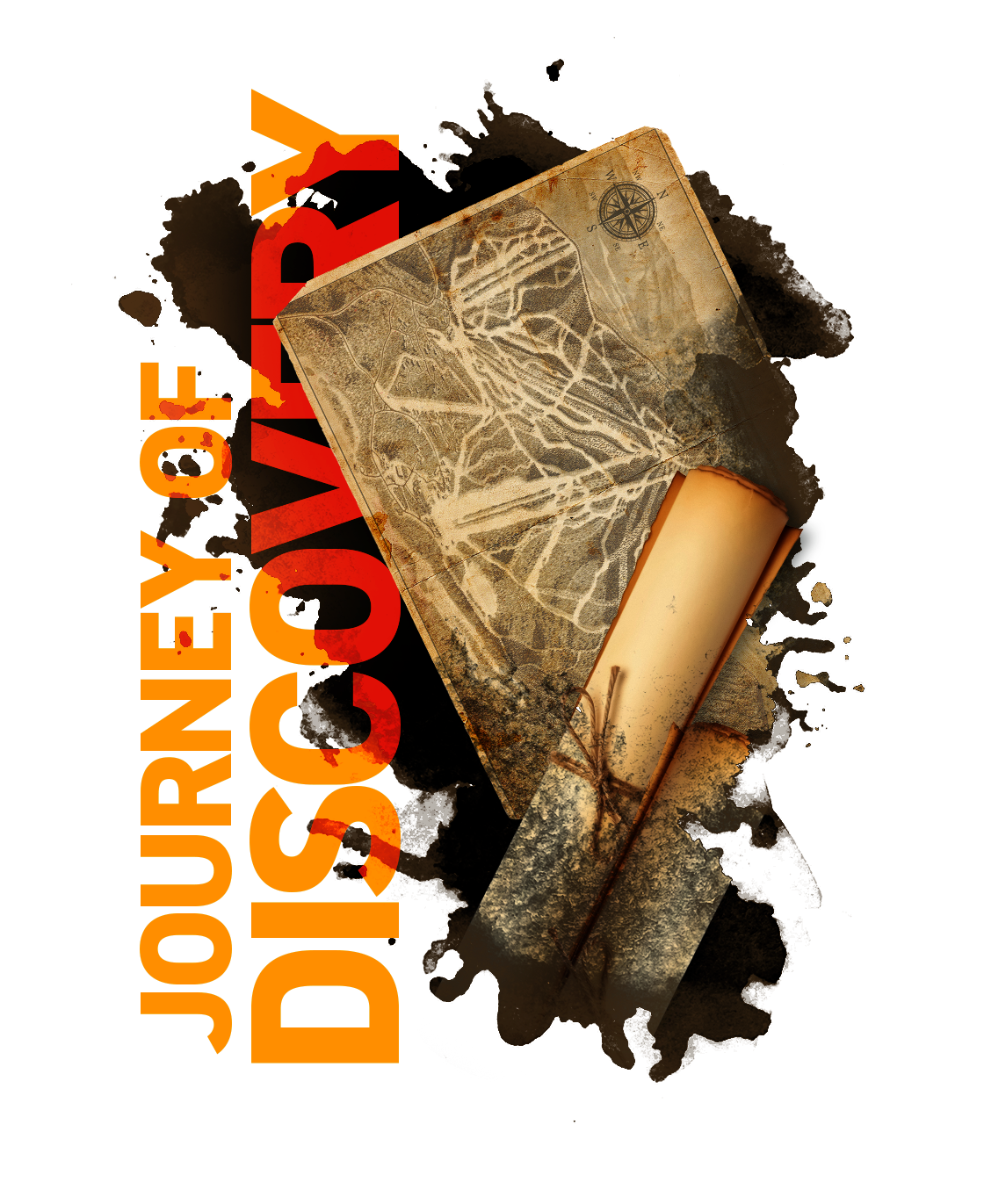 Antique map and compass with text "Journey of Discovery".