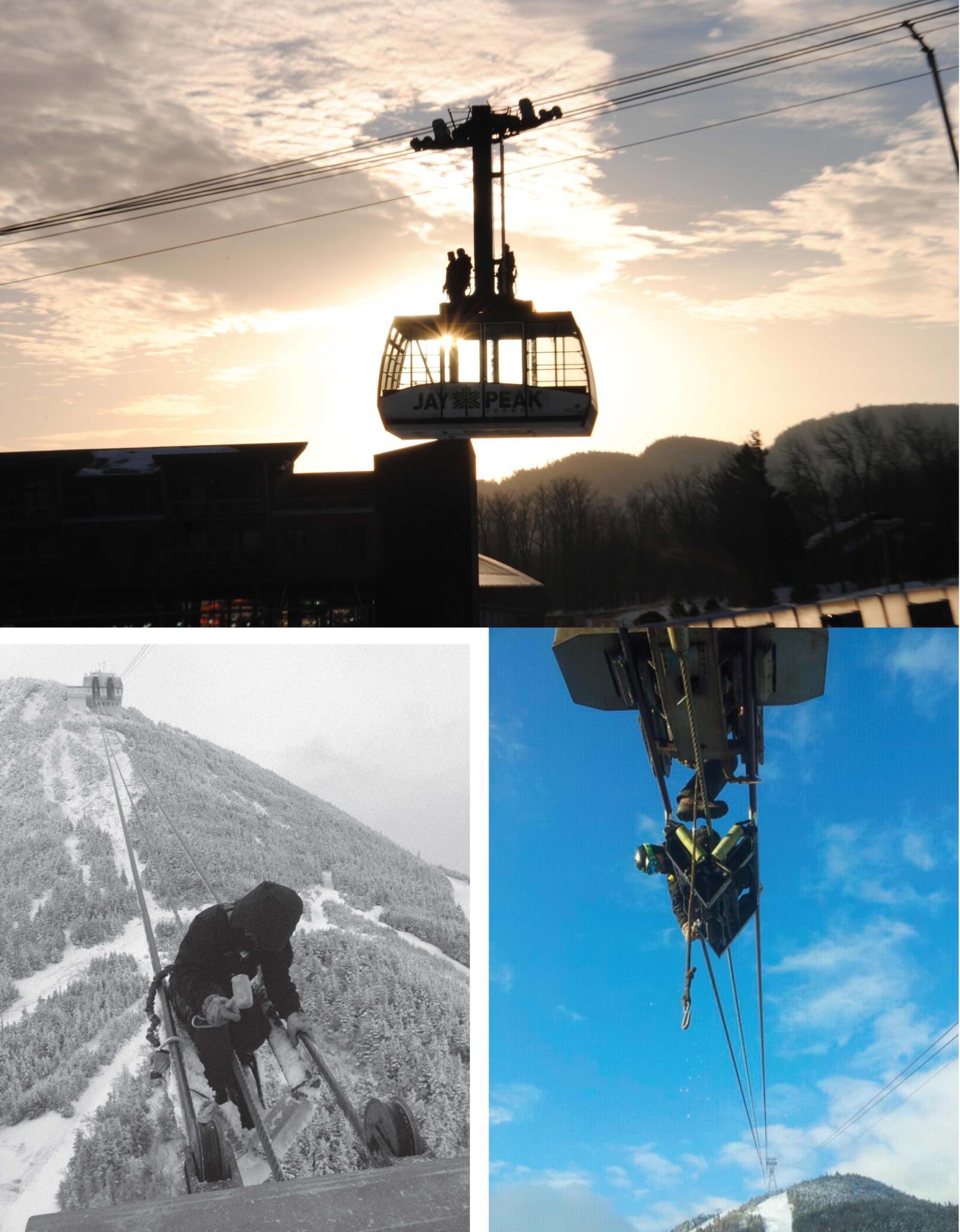Cable cars and a skier on snowy slopes; sunset and bright blue skies.