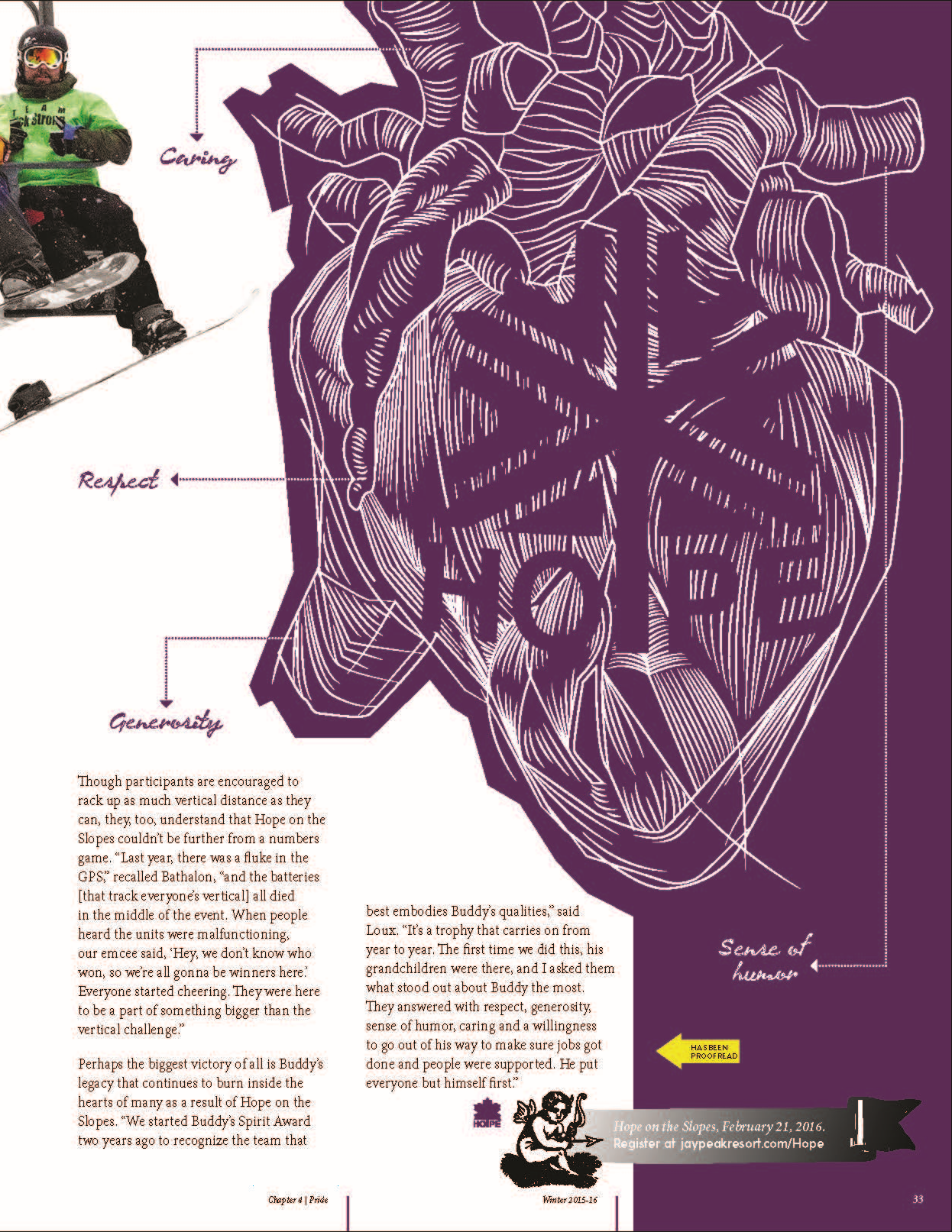 Purple anatomical heart illustration with text elements and decorative design.