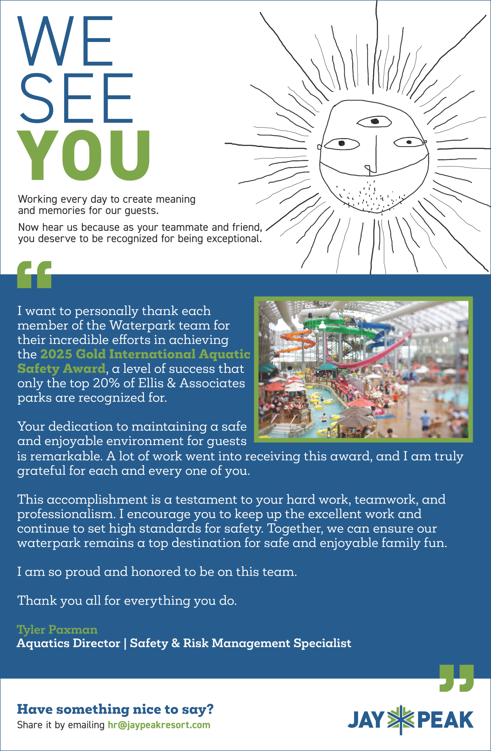 Thank you certificate with a sun graphic and a photo of a water park.