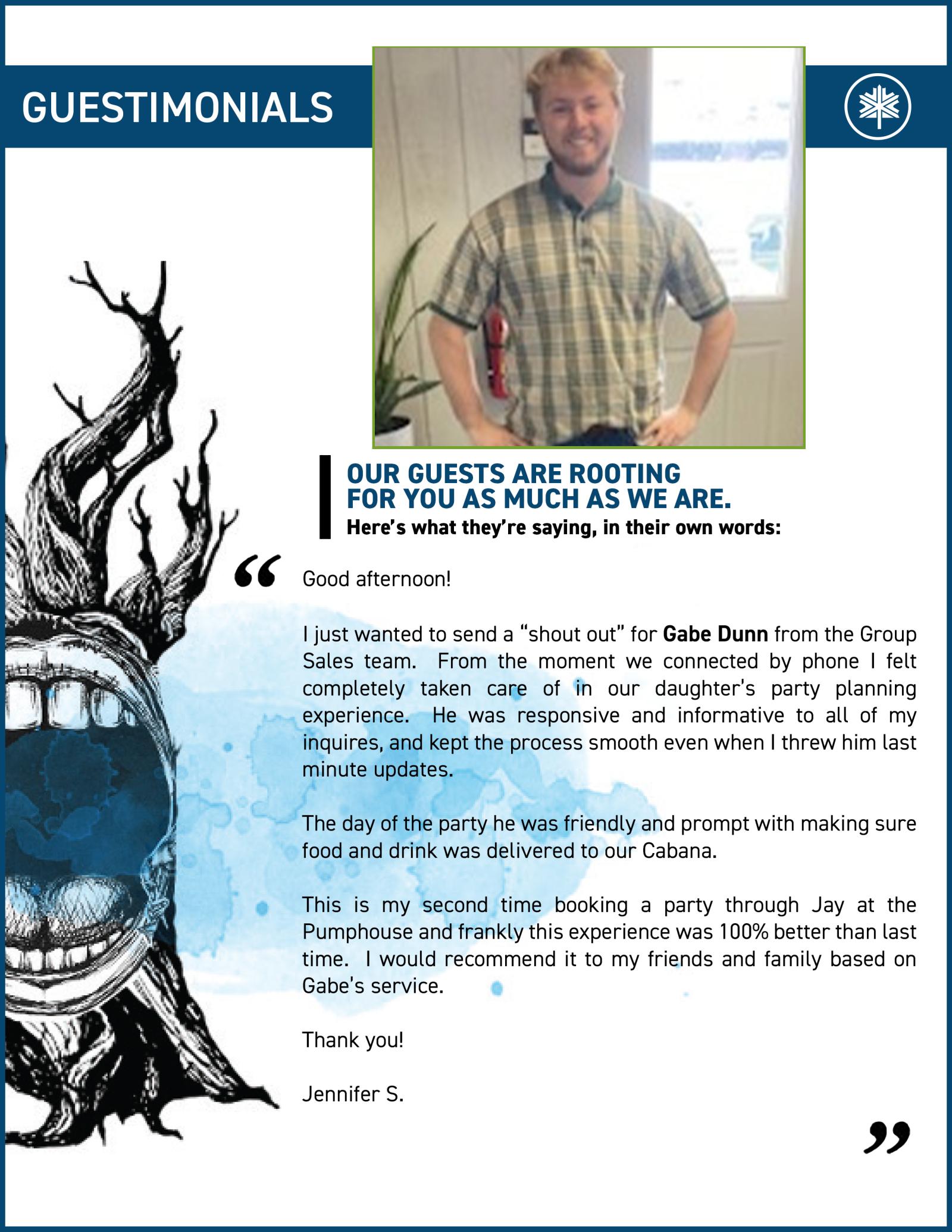 Testimonial page with man's photo and stylized eye graphic.