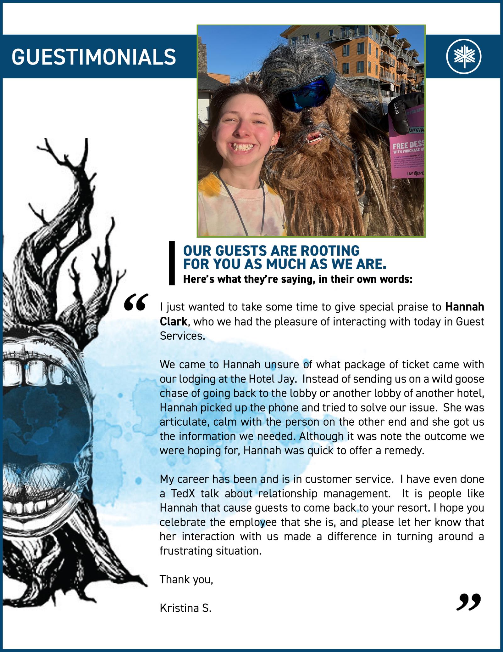 Smiling woman with a character in costume, testimonial text beside them.