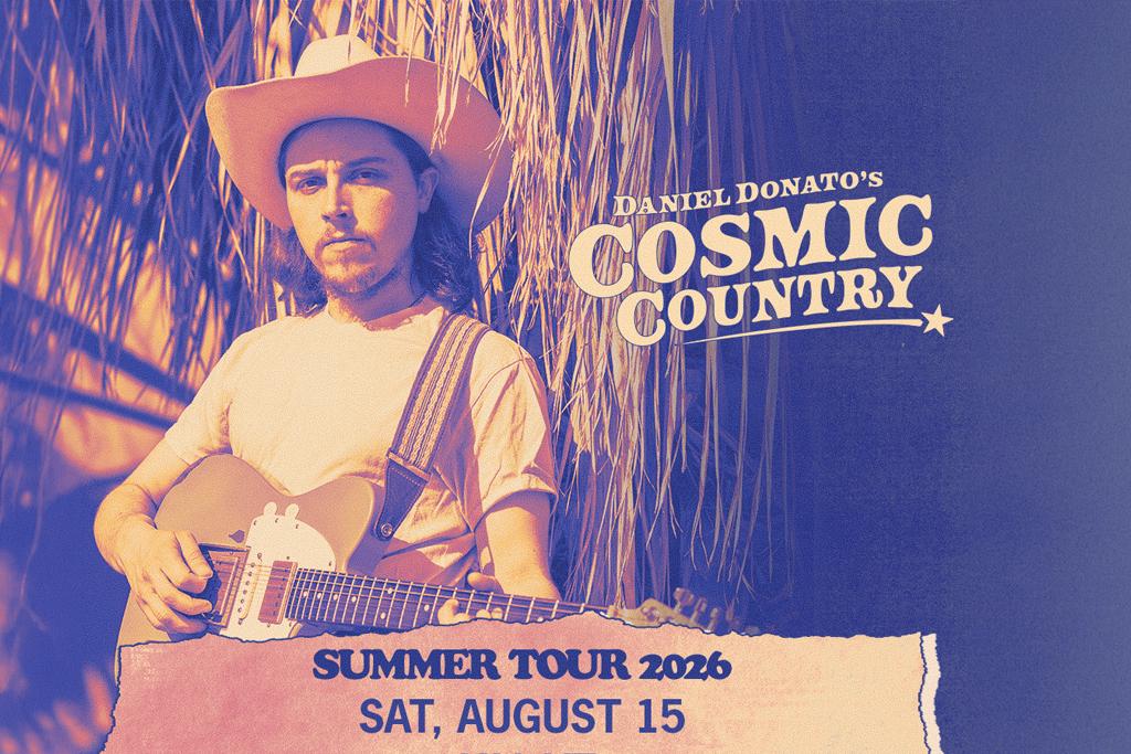 Man in cowboy hat with guitar, blue and yellow tones, text overlay.