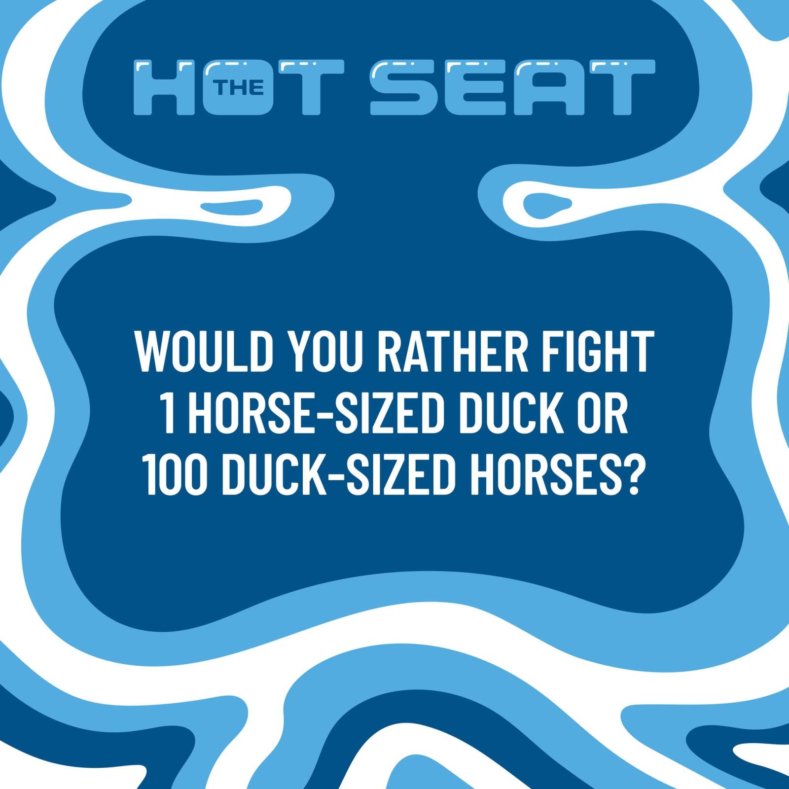 Blue graphic with wavy patterns and text, "The Hot Seat."