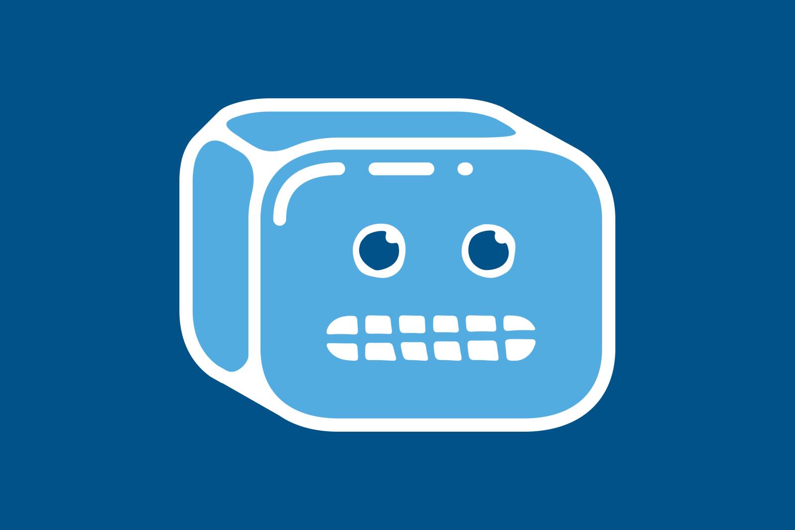 Cartoon robot face logo on a blue background.