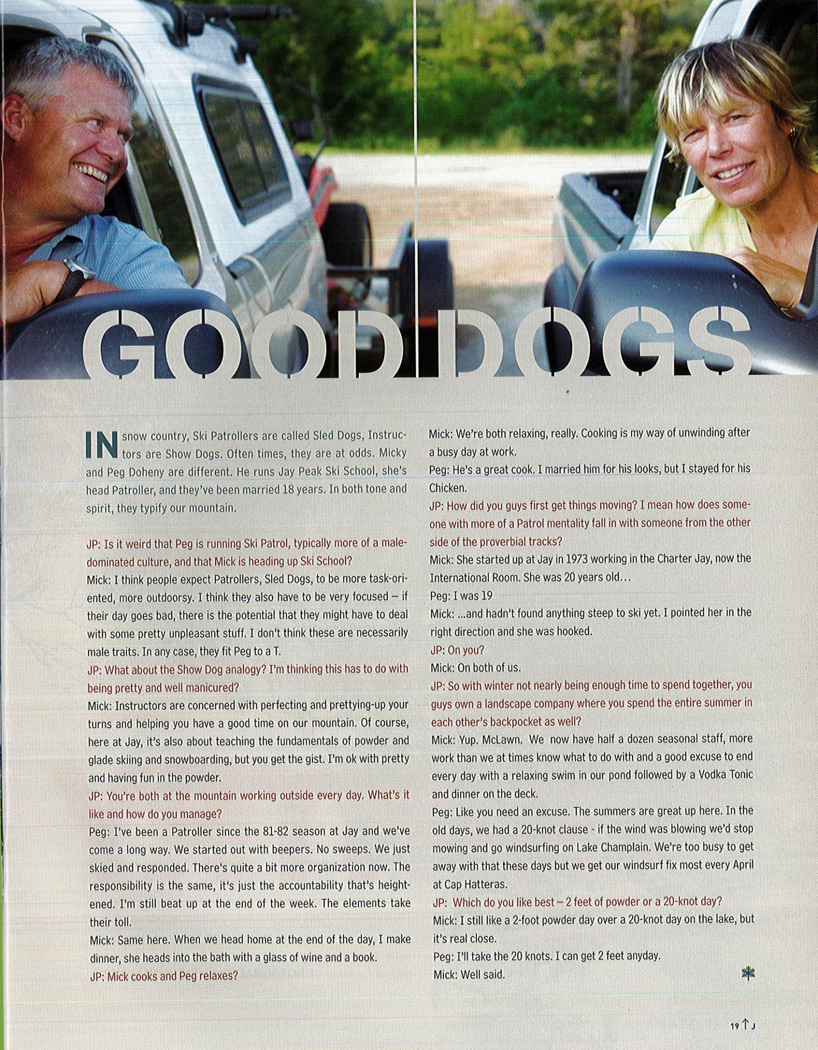A man and woman smiling from car windows with "GOOD DOGS" text above.