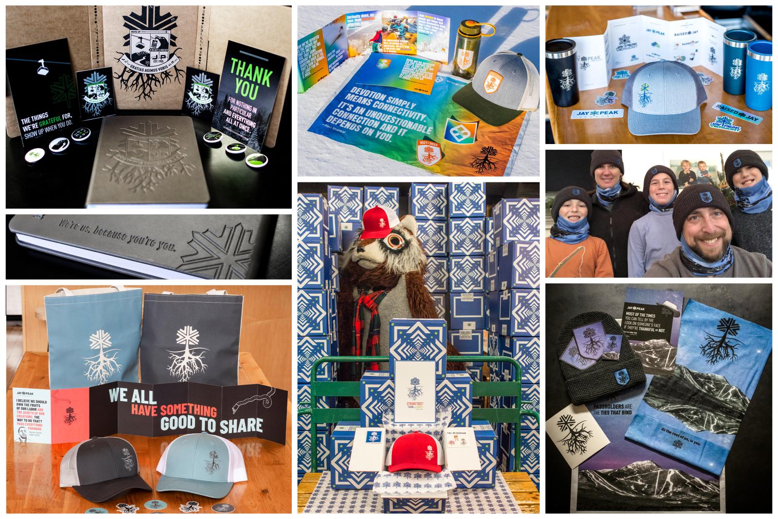 Collage of branded merchandise, hats, posters, and smiling people outdoors.