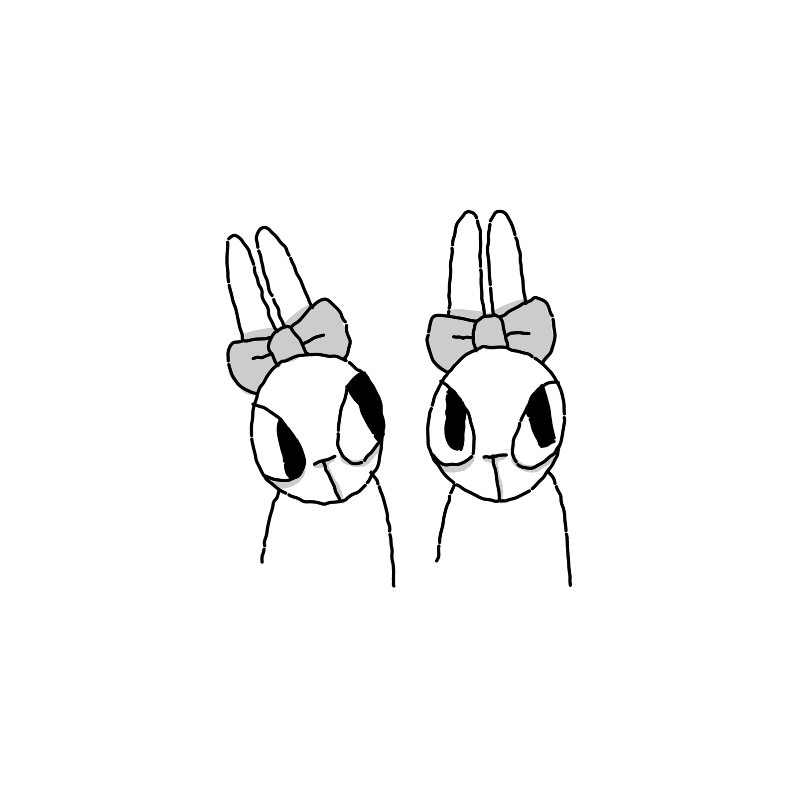 Two cartoon rabbits with bows, side by side.