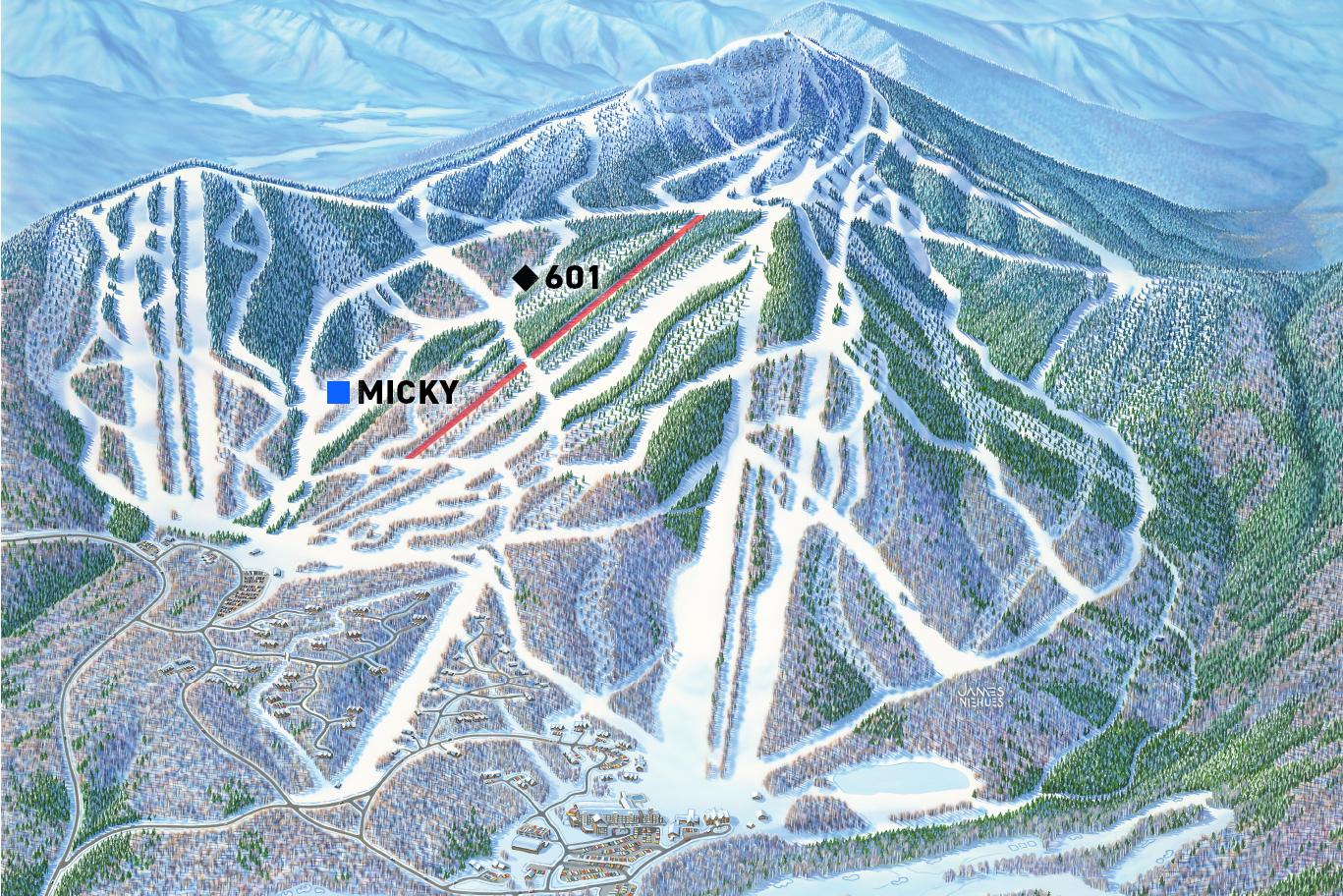 Ski resort trail map with snowy mountain and marked paths.
