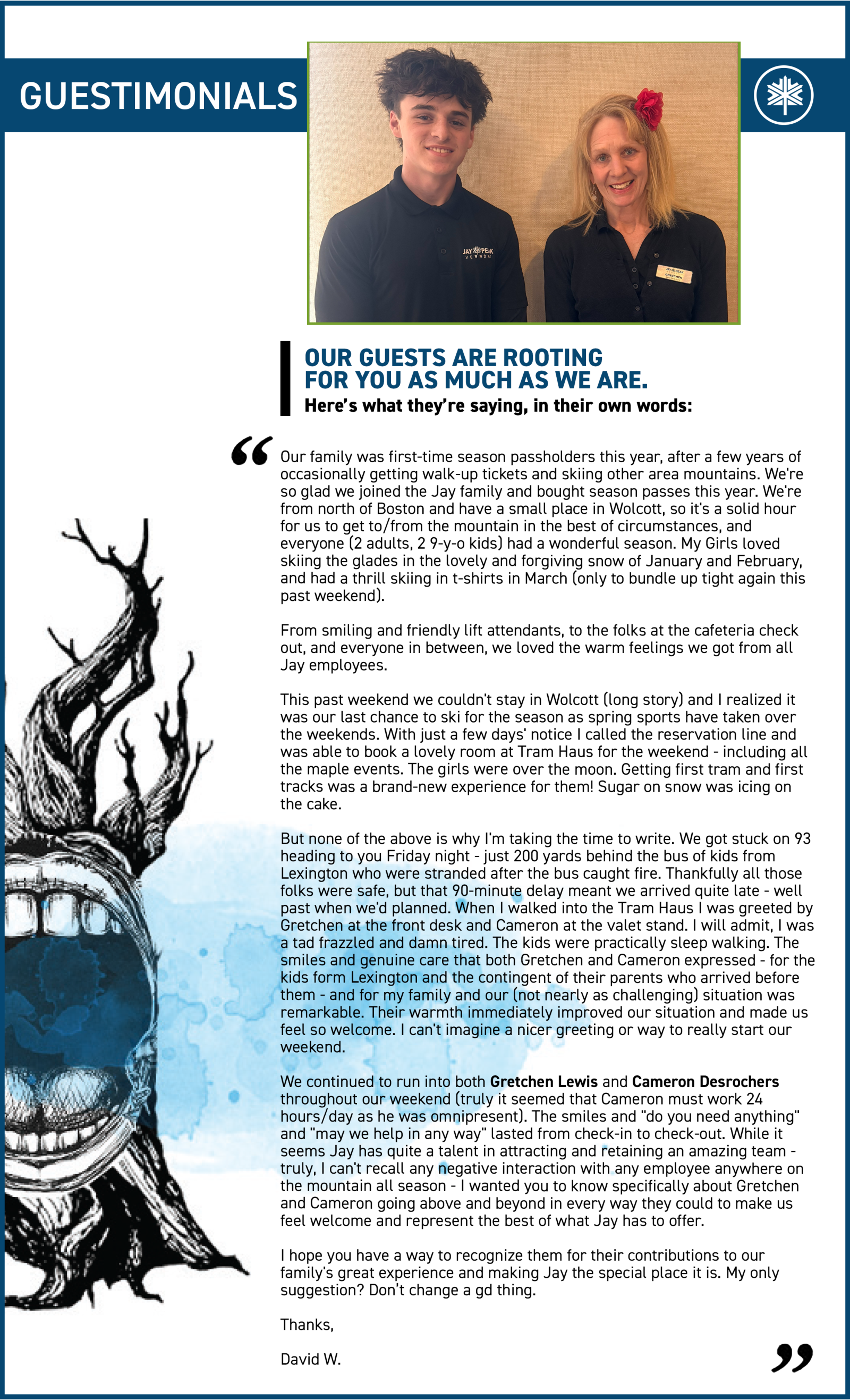 Testimonials page with two employees smiling, text, and a decorative graphic.