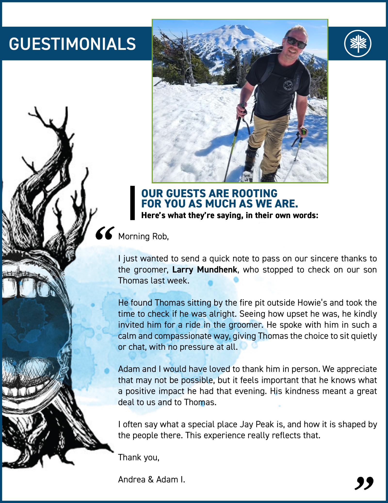 Man smiling, hiking in snowy landscape, wearing sunglasses and winter gear.