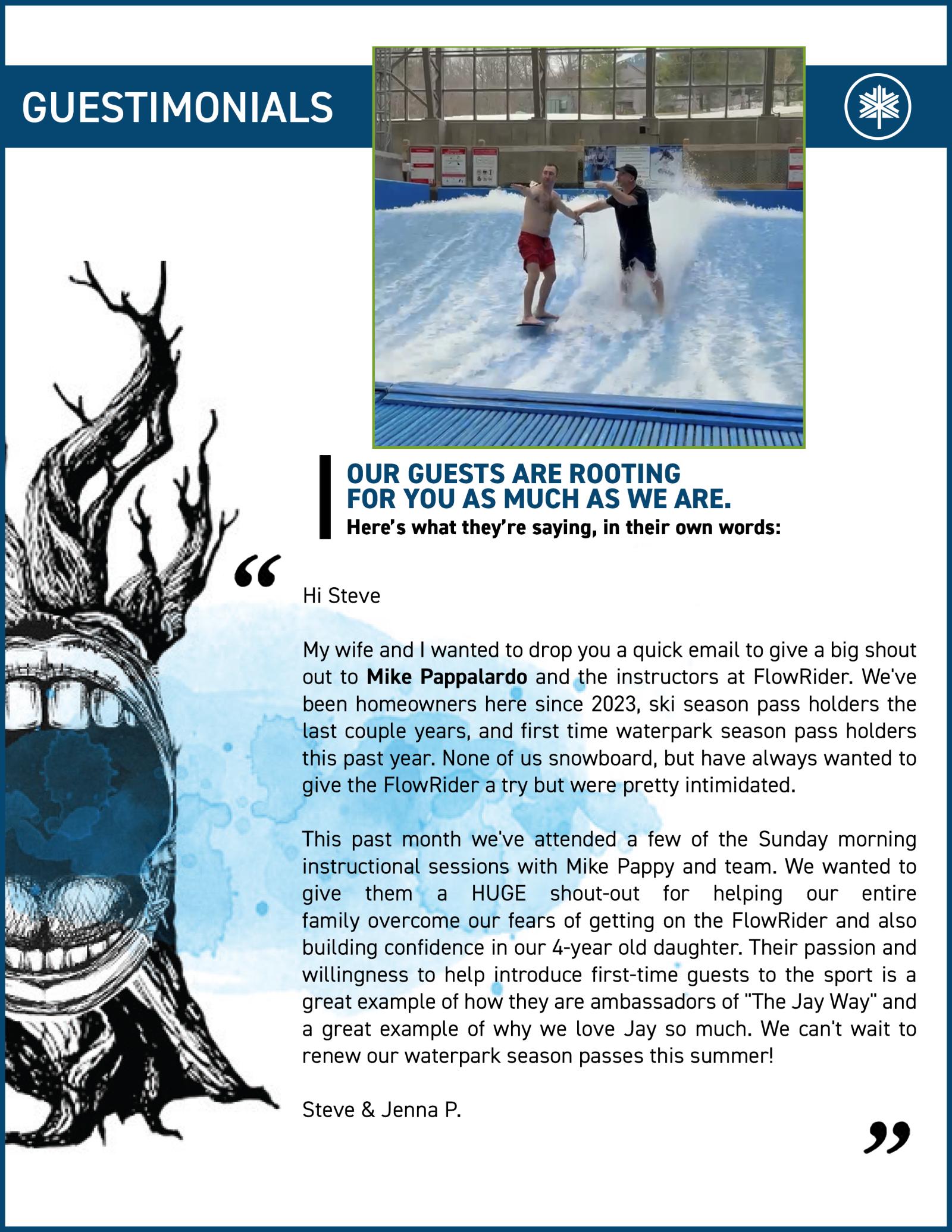 Two people surfing on an indoor wave simulator.