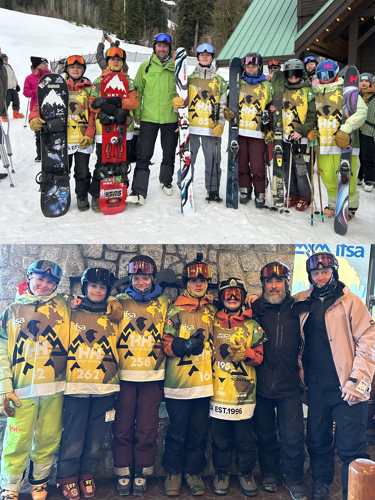 Snowboarders posing on snow and inside, wearing matching gear.