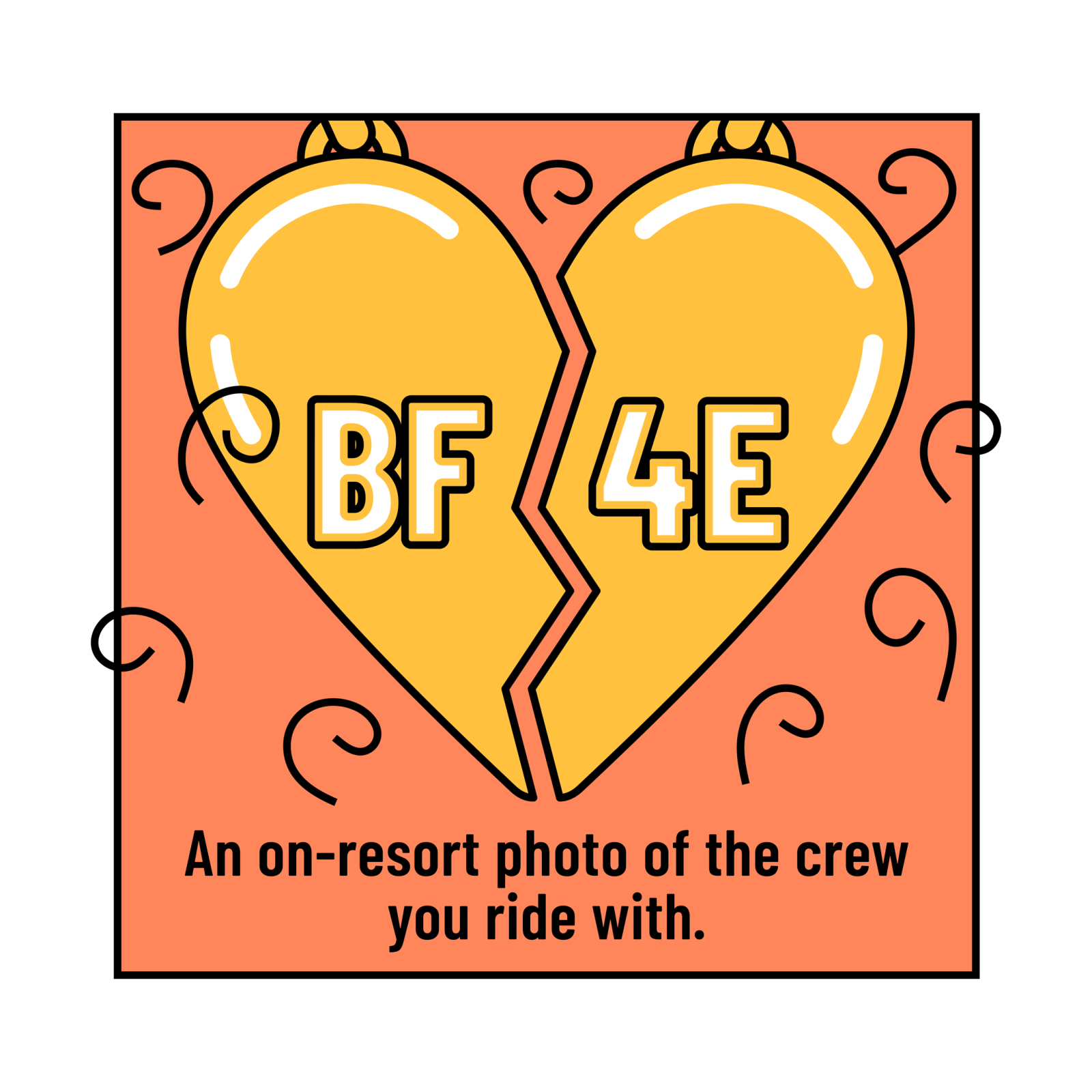 Orange broken heart logo with "BF 4E," surrounded by swirls.