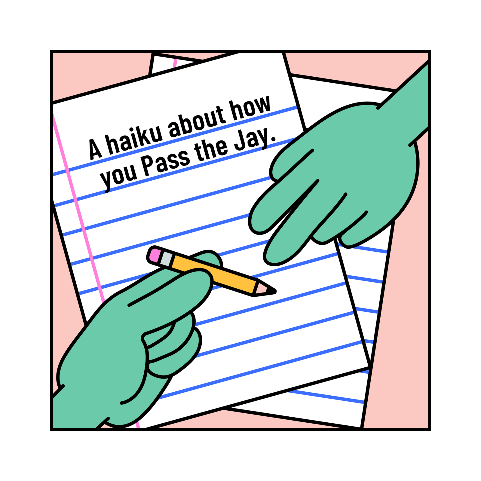 Two green hands holding paper and pencil, pink background.