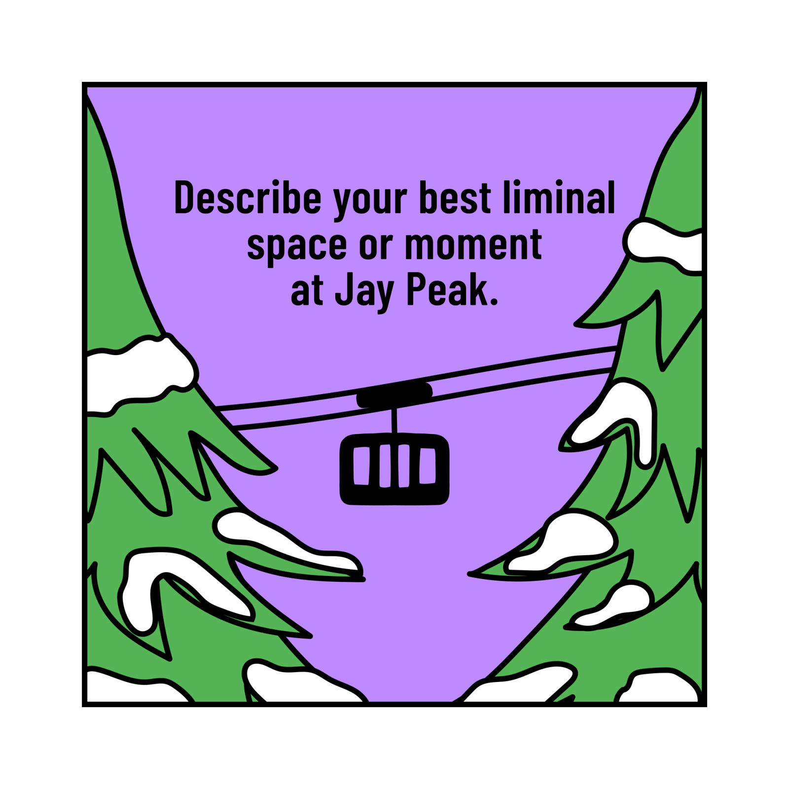 Cable car between snowy trees on a purple background.