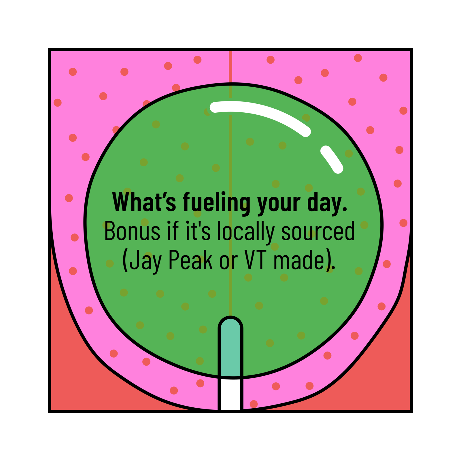 A green circle on a pink background with black text.