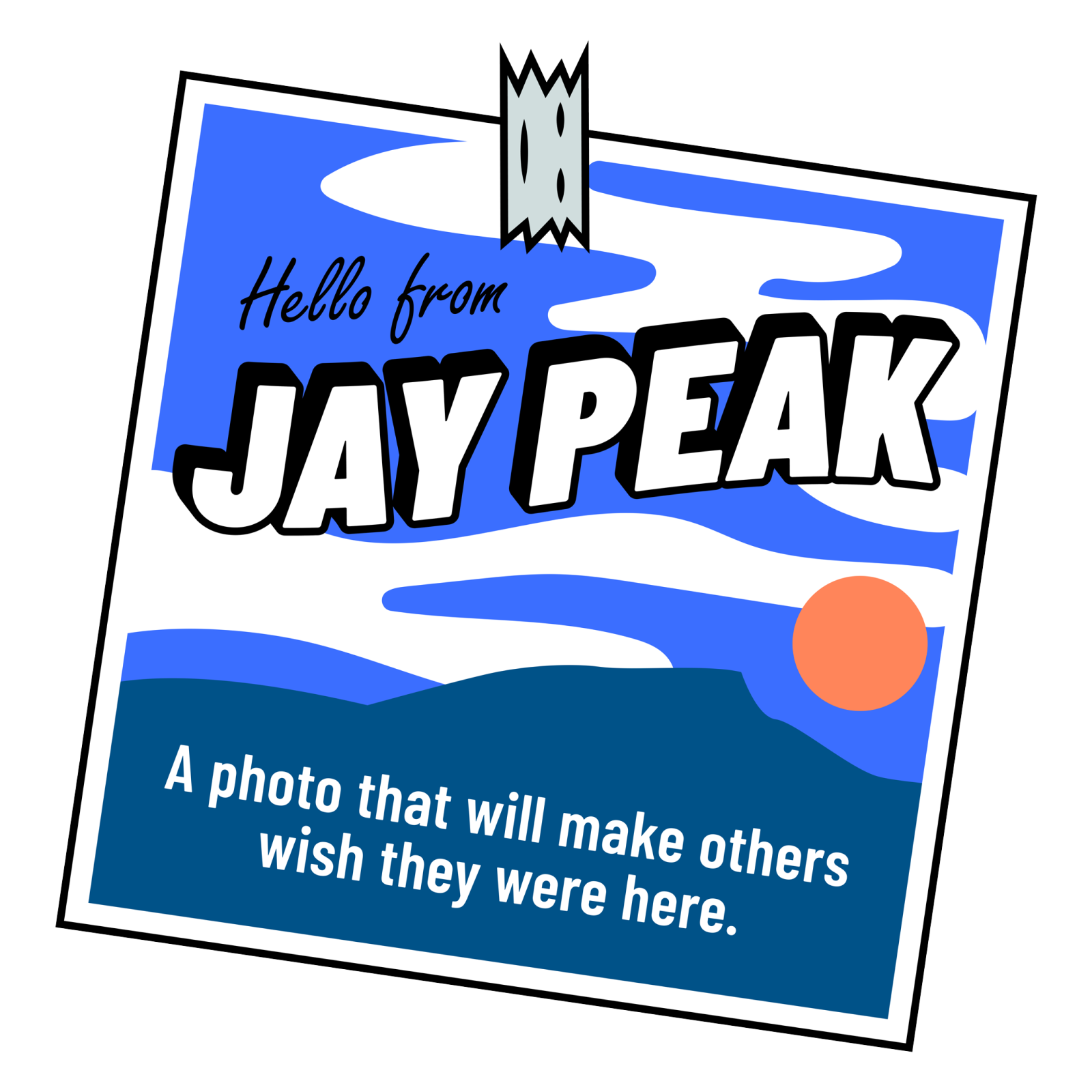 Jay Peak postcard with blue sky and orange sun graphic.