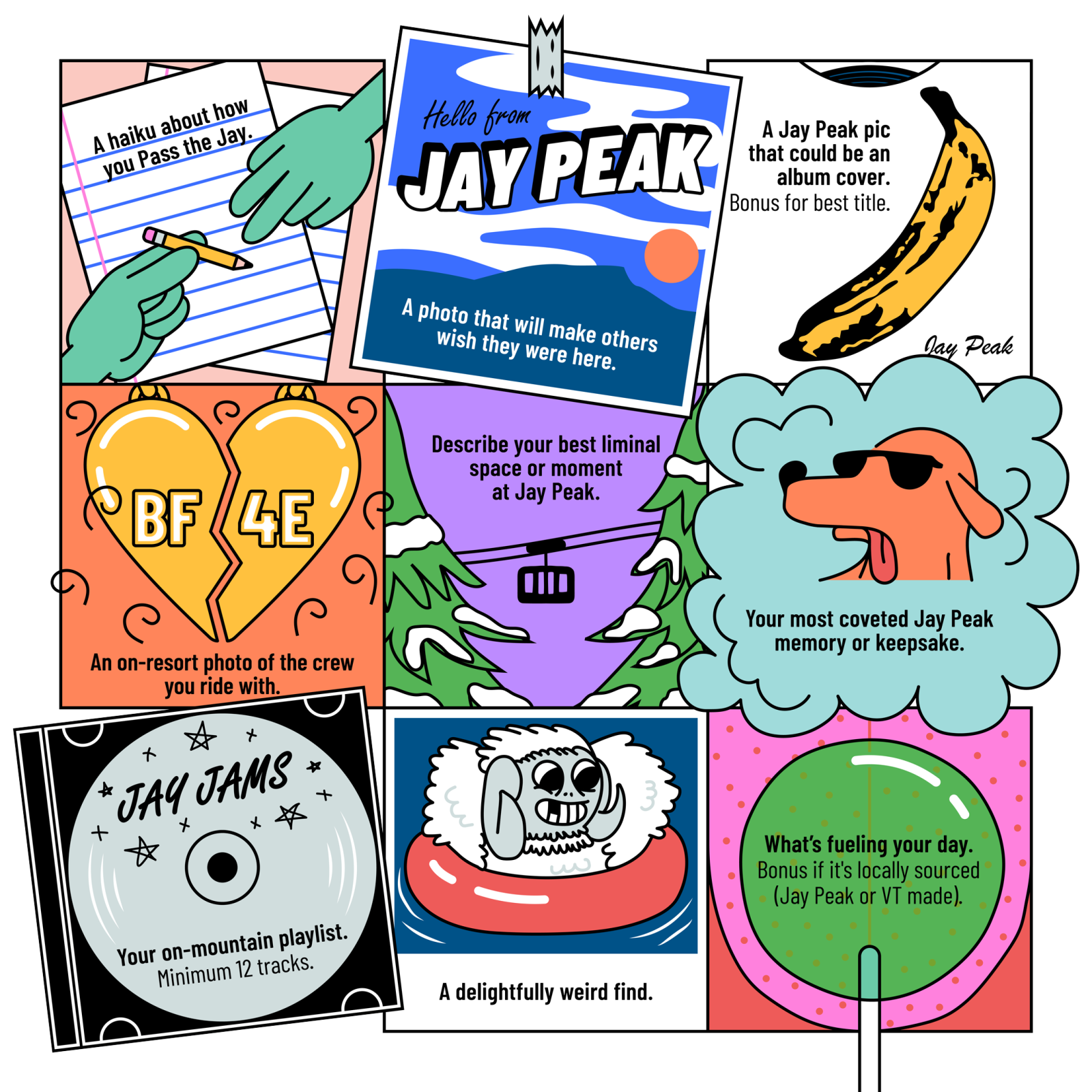 Colorful collage with ski, banana, heart, and dog graphics. Text about Jay Peak.