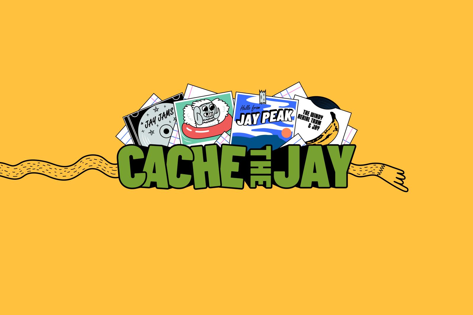 Cache the Jay logo with various graphics on a yellow background.