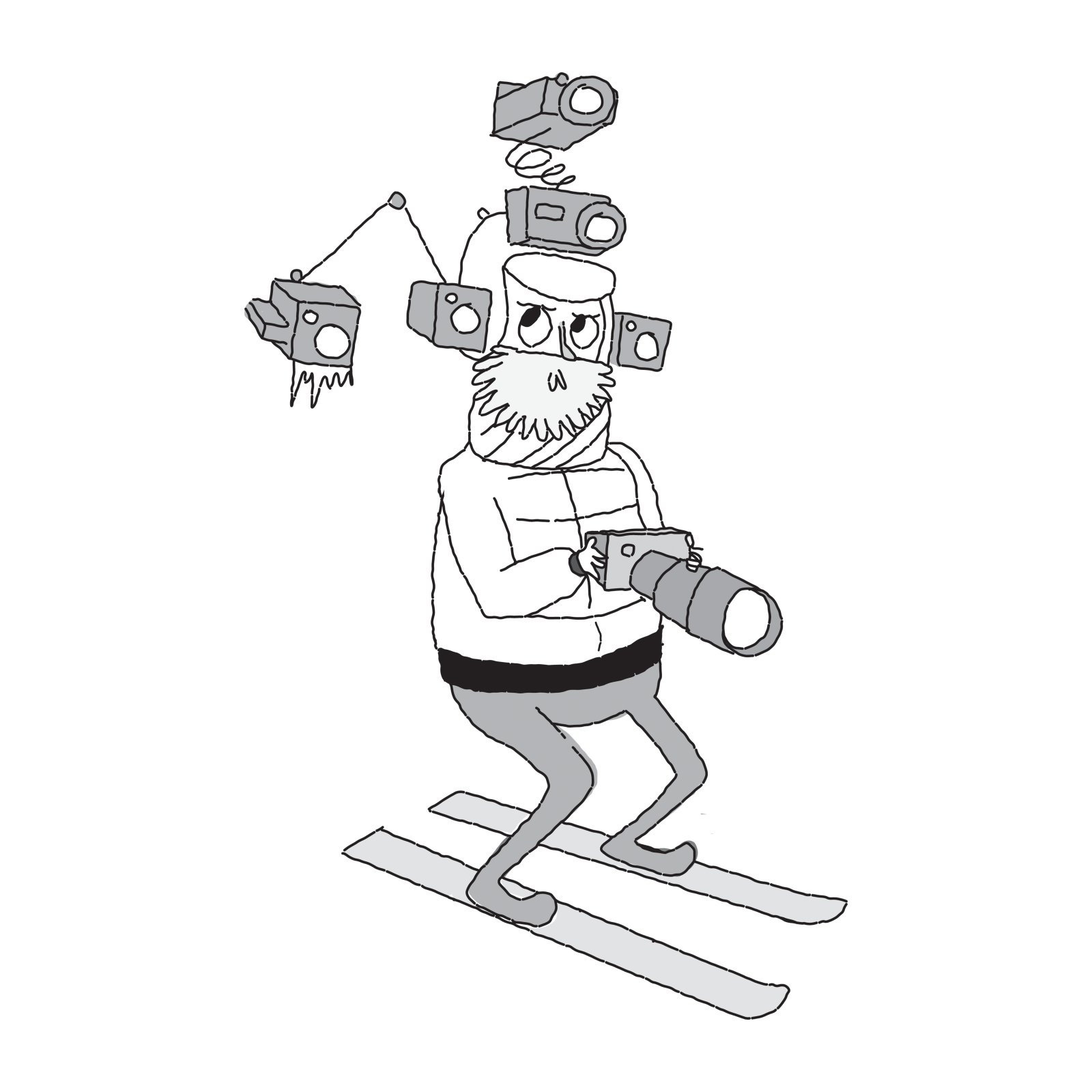 Cartoon man skiing with cameras mounted on his head.