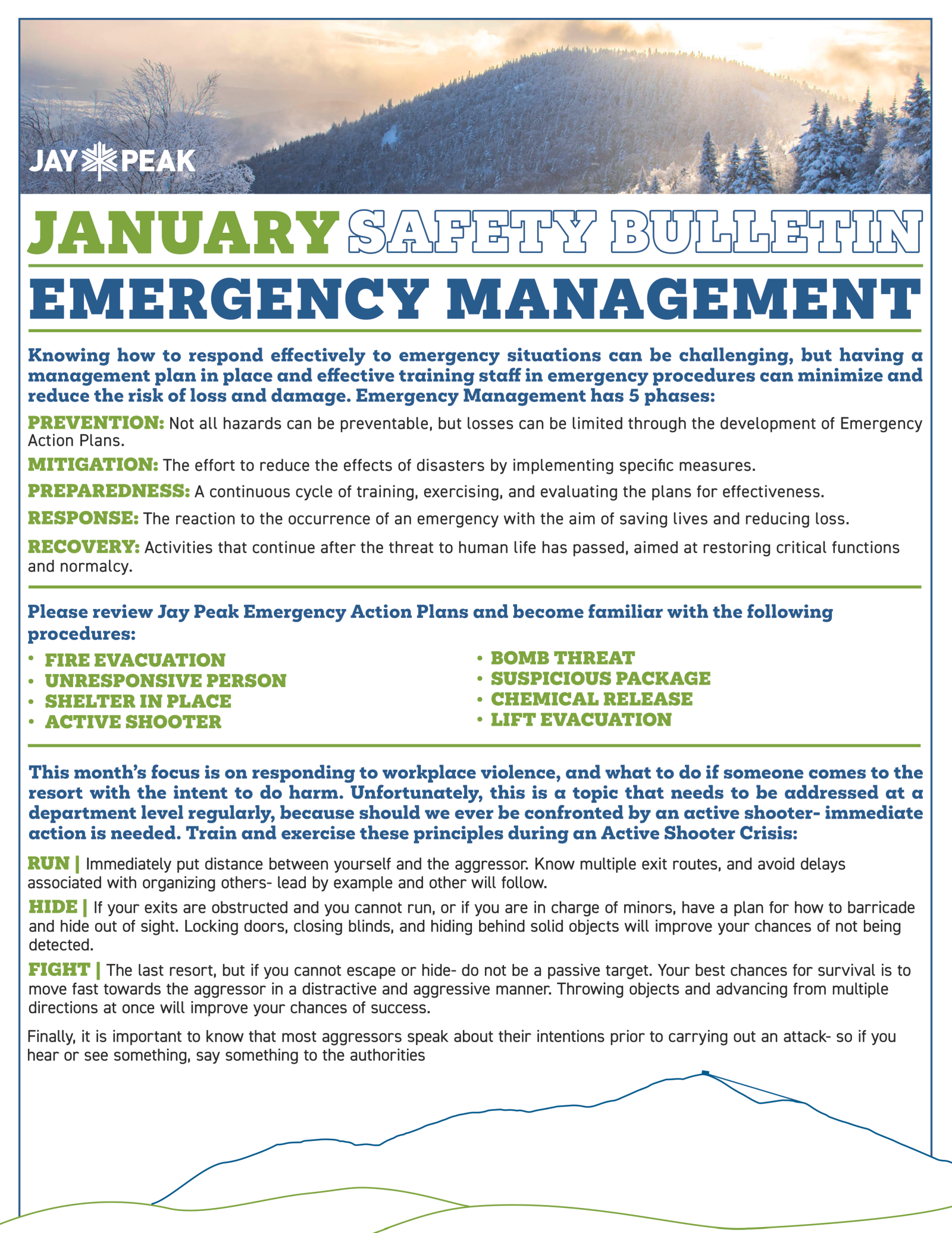 January safety bulletin on emergency management with mountain background.