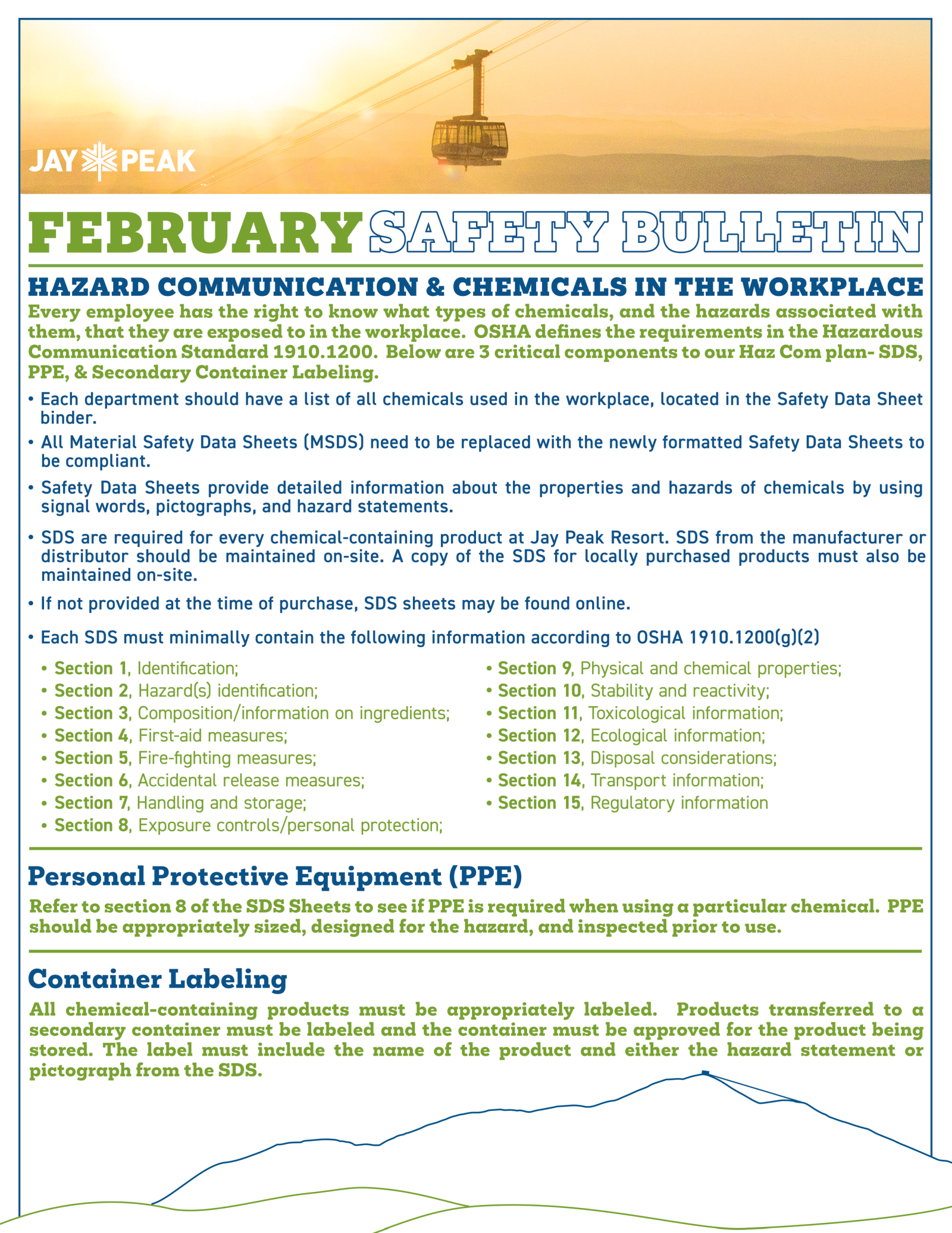 February safety bulletin on hazard communication and chemicals in the workplace.