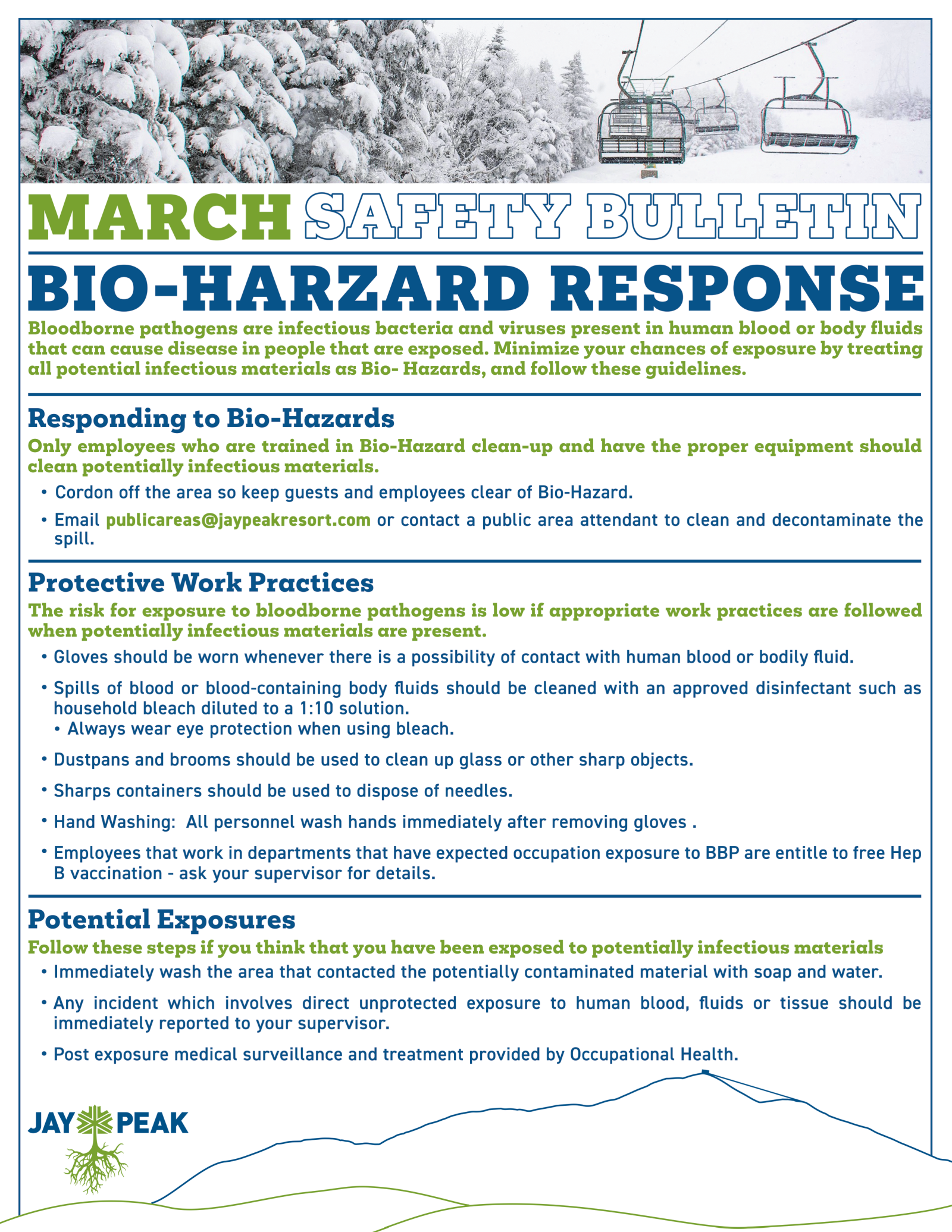 March safety bulletin on bio-hazard response with safety tips and procedures.