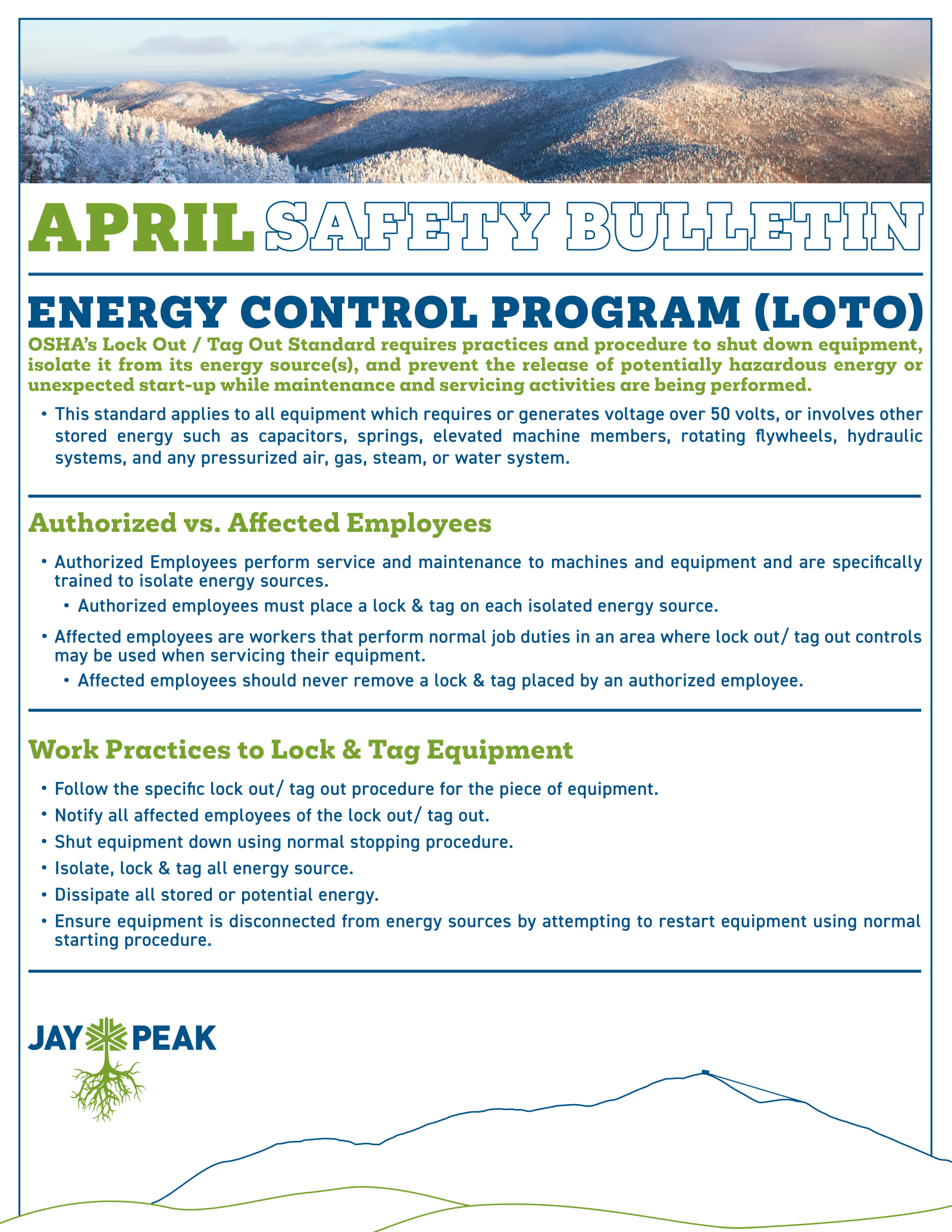 April safety bulletin for energy control program with mountain background.