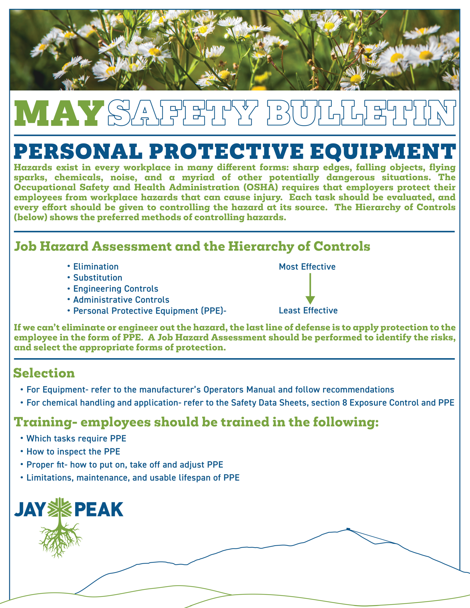 May safety bulletin on protective equipment, floral header, Jay Peak logo.