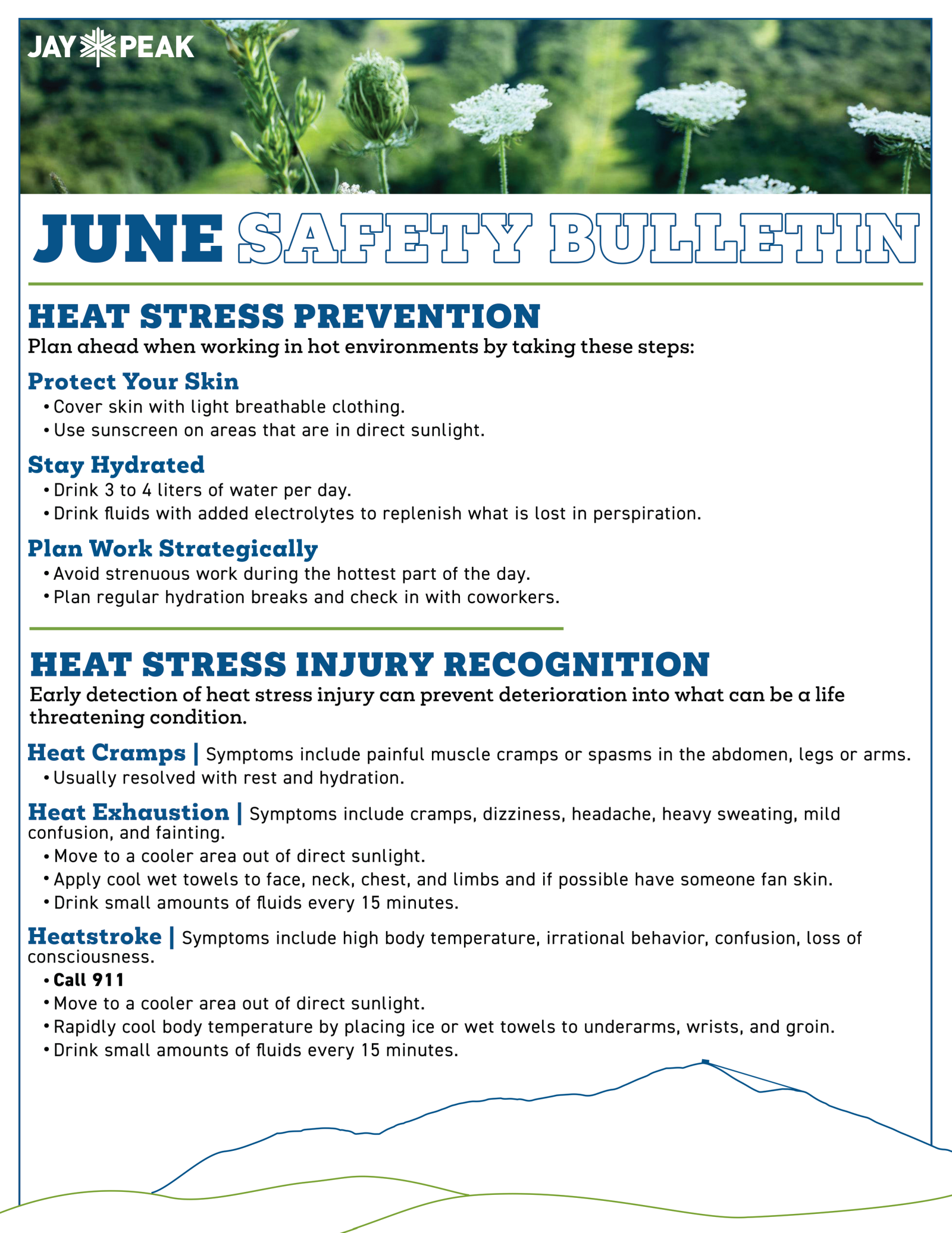 June Safety Bulletin with heat stress prevention tips and symptoms.