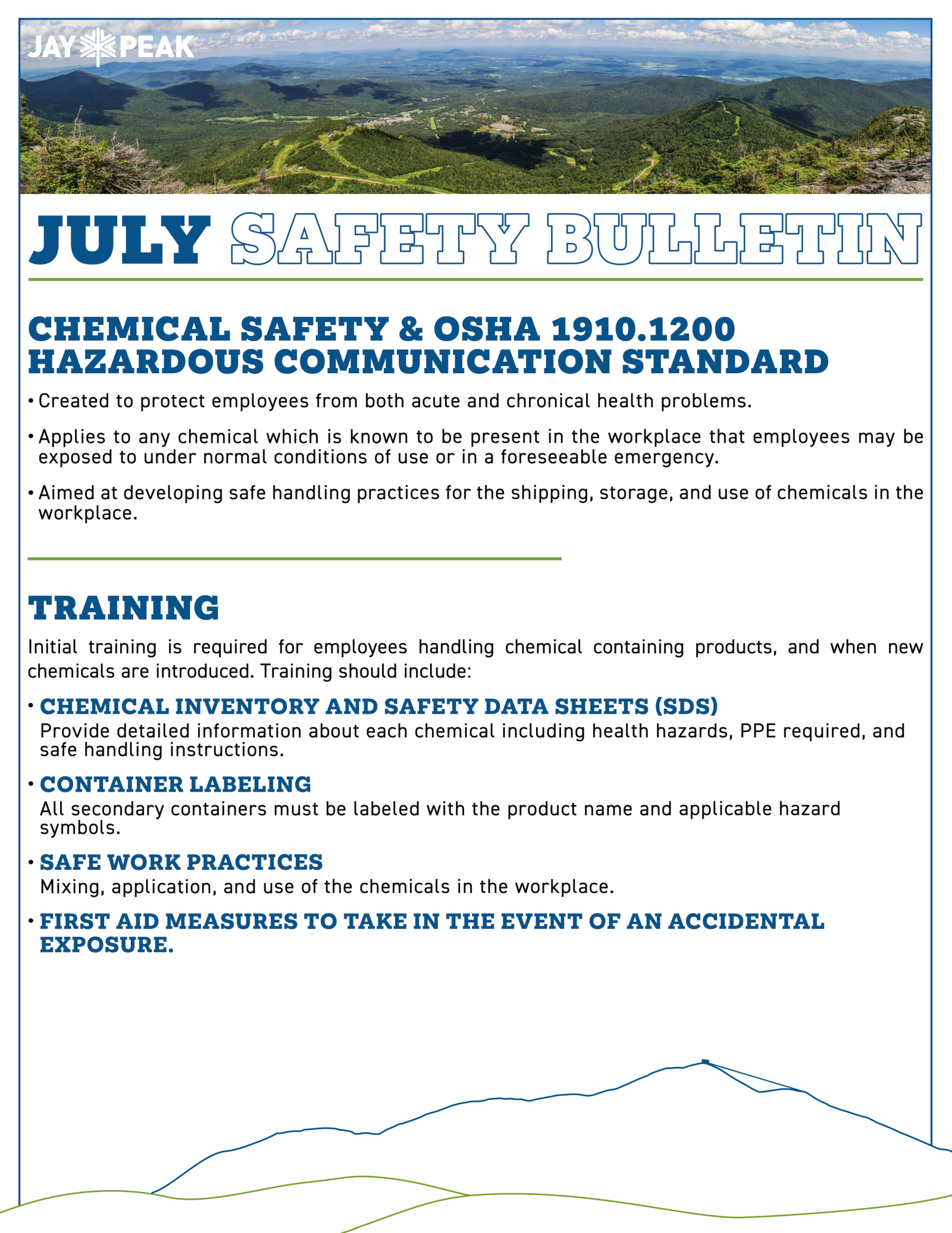 July safety bulletin with chemical safety guidelines and training info.