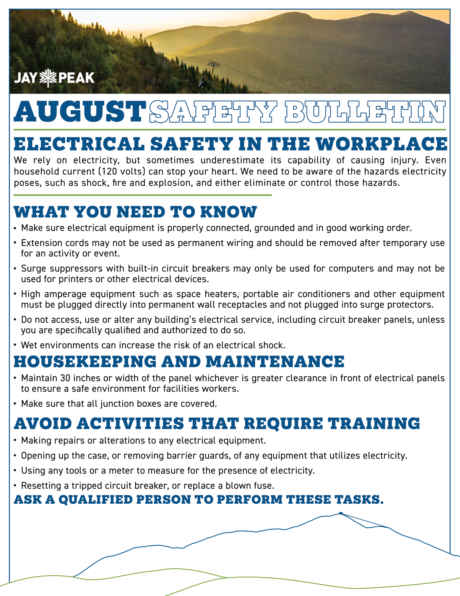 August safety bulletin on electrical workplace safety, blue and white theme, landscape header.