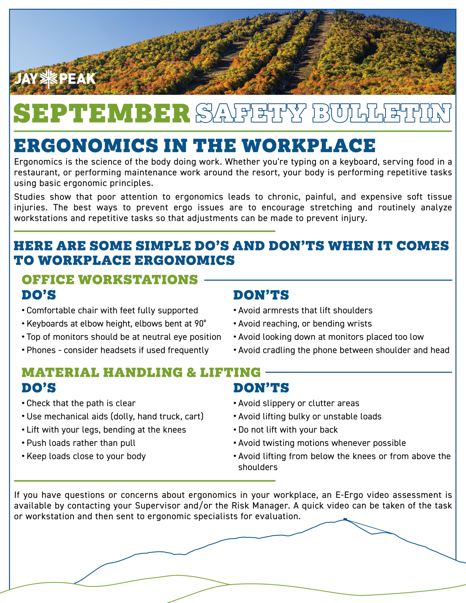 September safety bulletin with workplace ergonomics tips in text blocks.