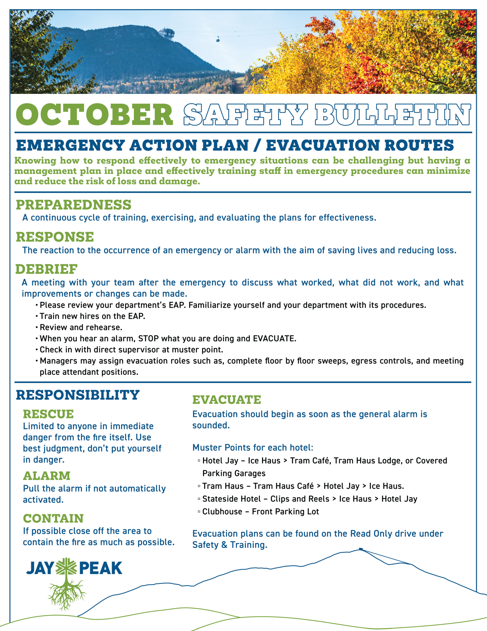 October safety bulletin with emergency action plan and evacuation routes, fall scenery on top.