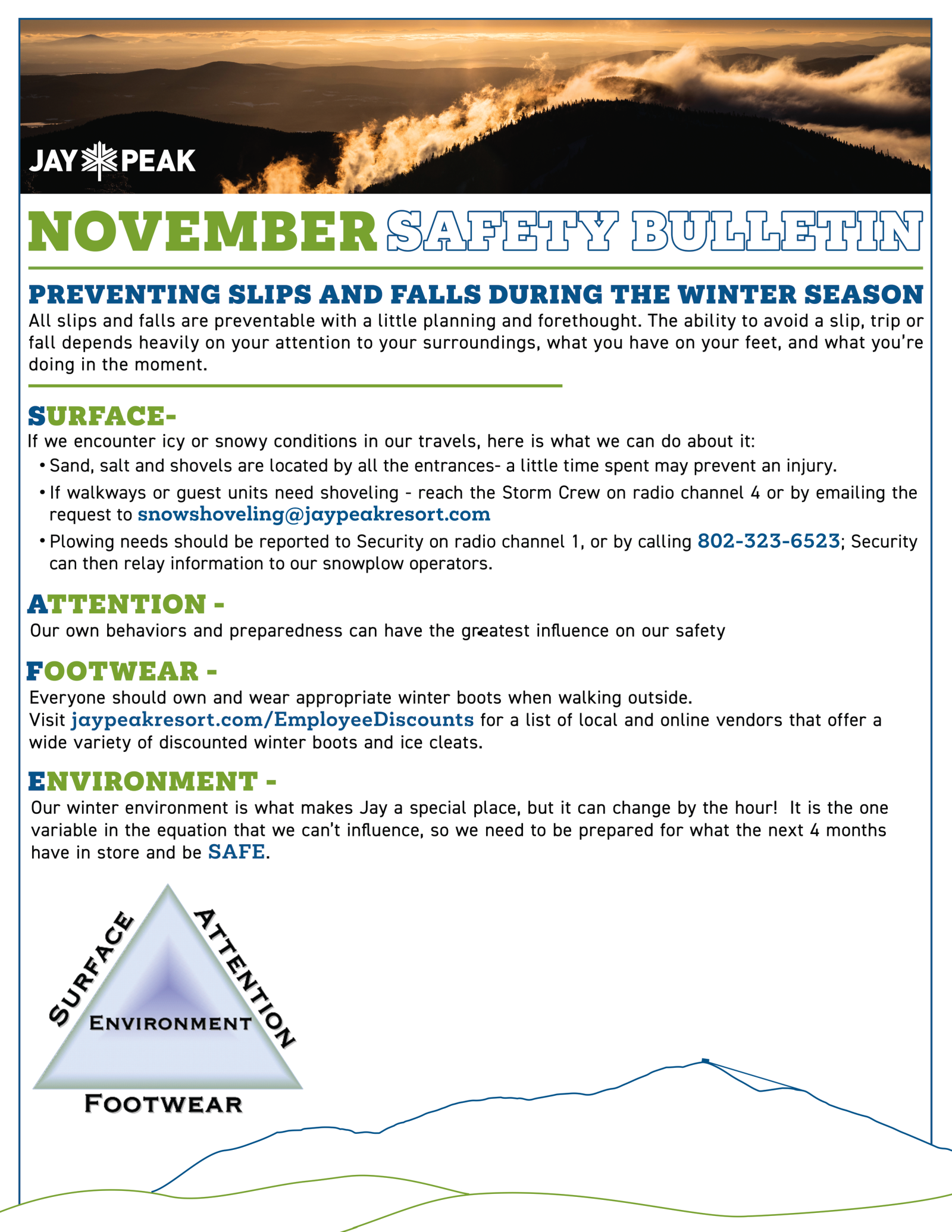 November safety bulletin about preventing slips and falls in winter.