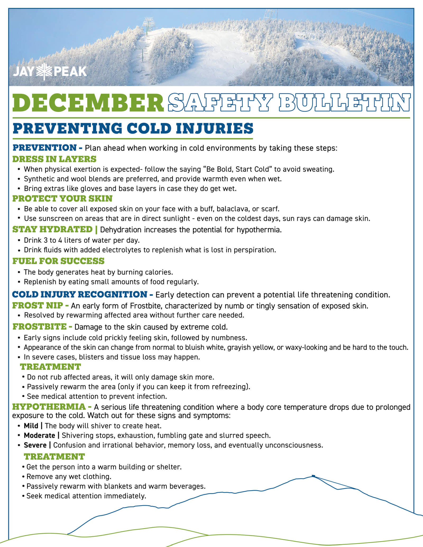 December safety bulletin on preventing cold injuries with a snowy mountain background.