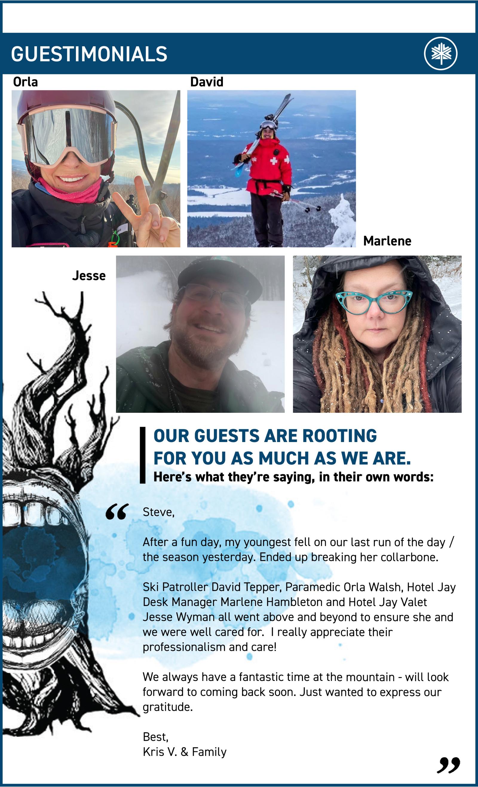 Testimonial page with guest photos and text.