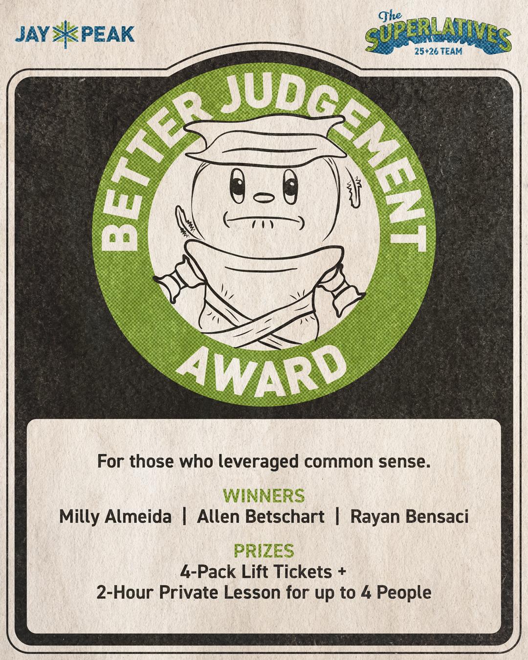 Better Judgment Award graphic with a cartoon character in green circle.