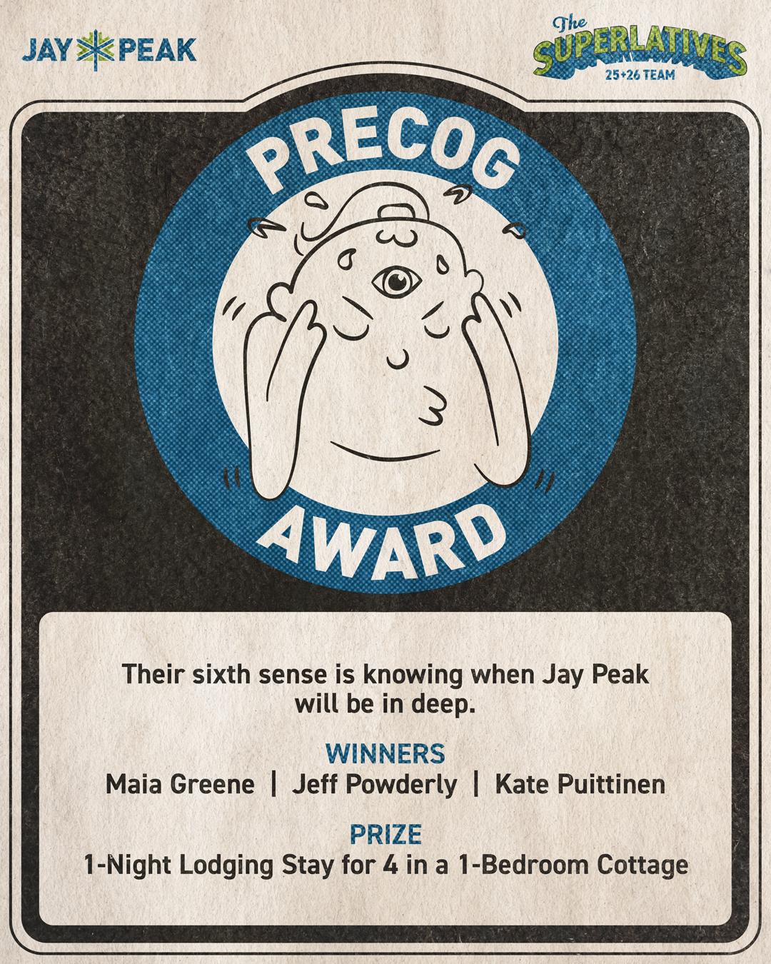 Precog Award logo with a cartoon creature covering its face.