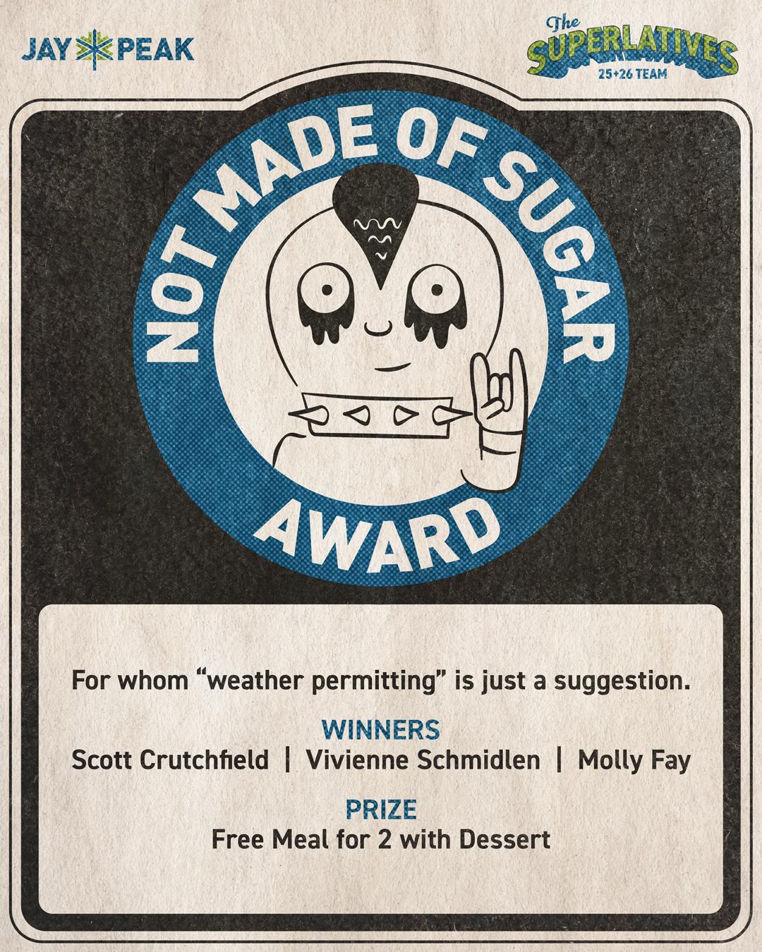 Blue and white award logo with cartoon figure in rock hand pose.