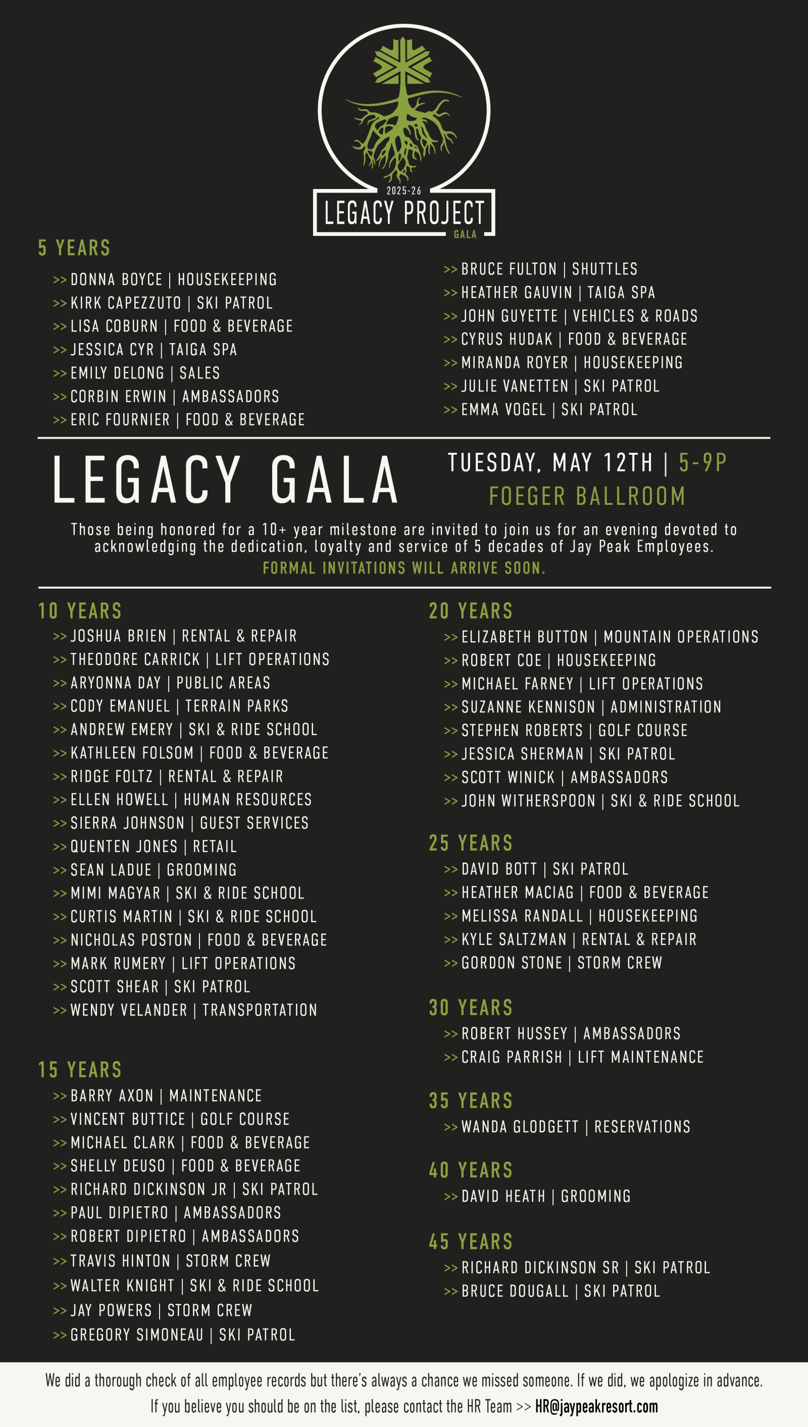 Legacy Gala event schedule with sessions and times.