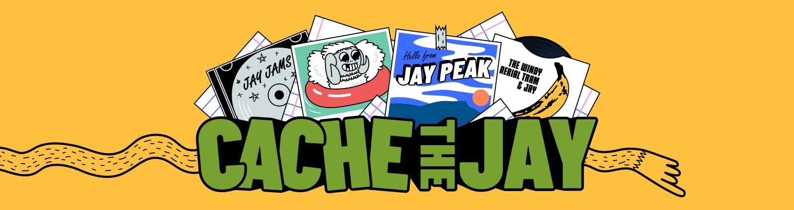 Cache the Jay logo with playful illustrations.