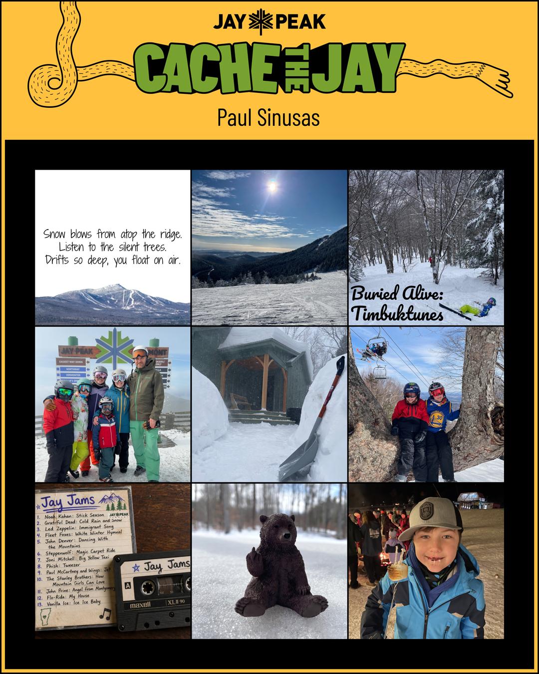 Collage of winter activities at Jay Peak, including skiing and snowboarding.