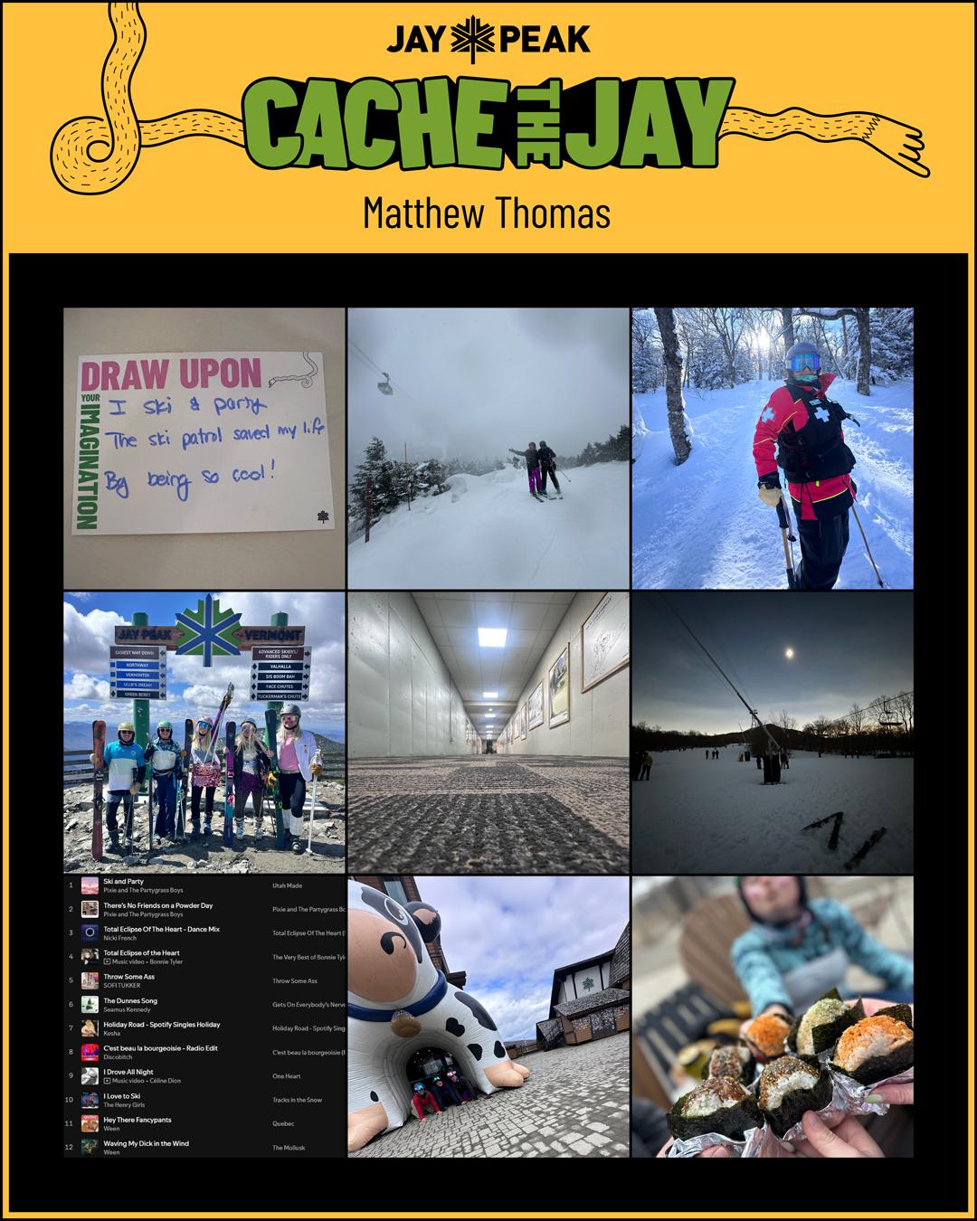 Collage of snowy landscapes, people skiing, and sushi.