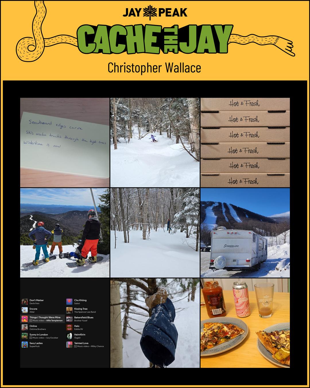 Collage of snowy landscapes, skiers, pizza boxes, and a map graphic.