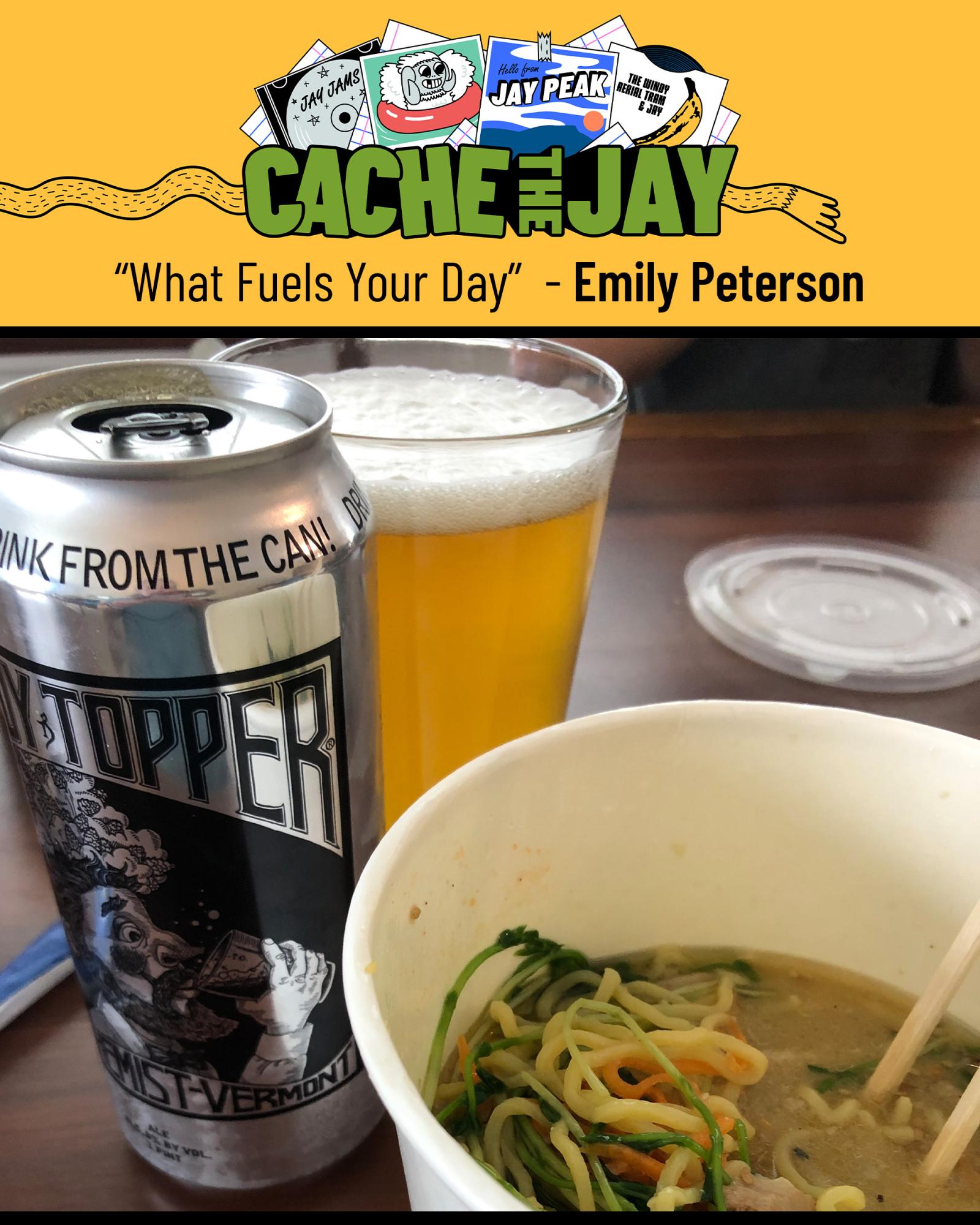 Bowl of ramen, beer, and a can on a table with a yellow graphic banner above.